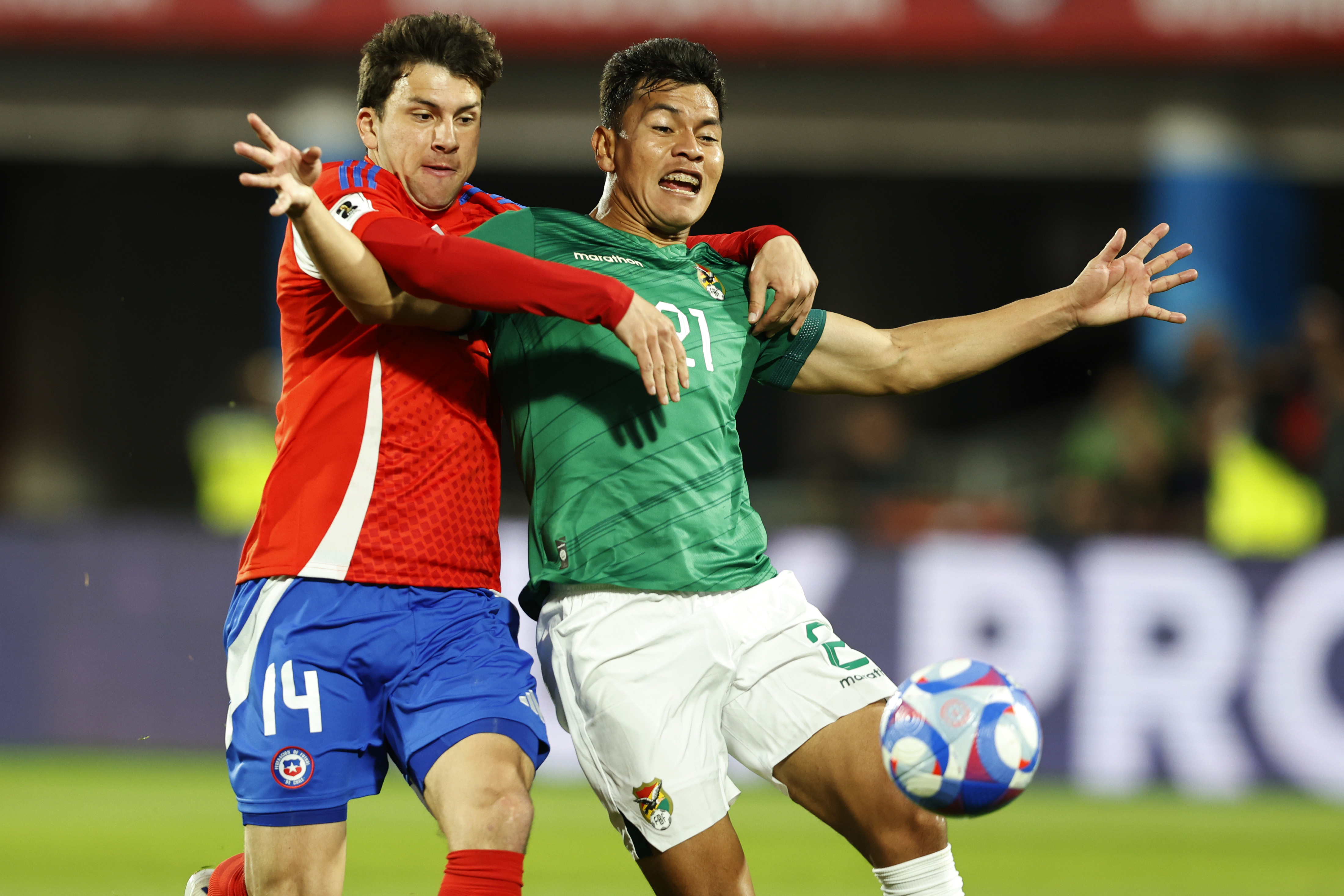 Santiago, Chile - September 10, 2024: Gonzaleo Tapia (L) of Chile fights for a ball in front of J...