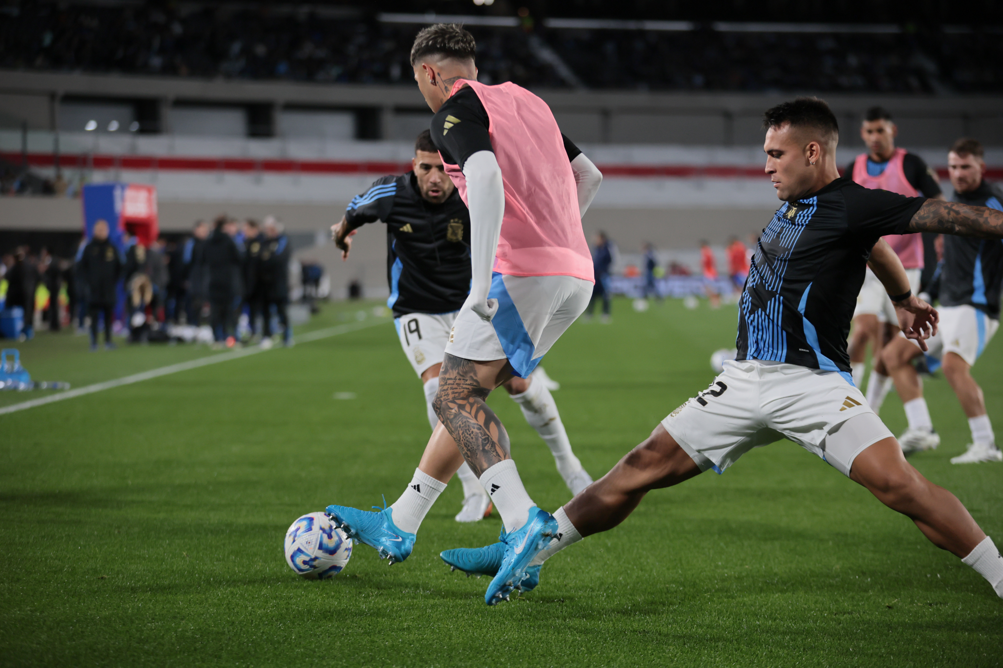 Buenos Aires, Argentina - September 5, 2024. Argentine striker Lautaro Martínez (right) during t...
