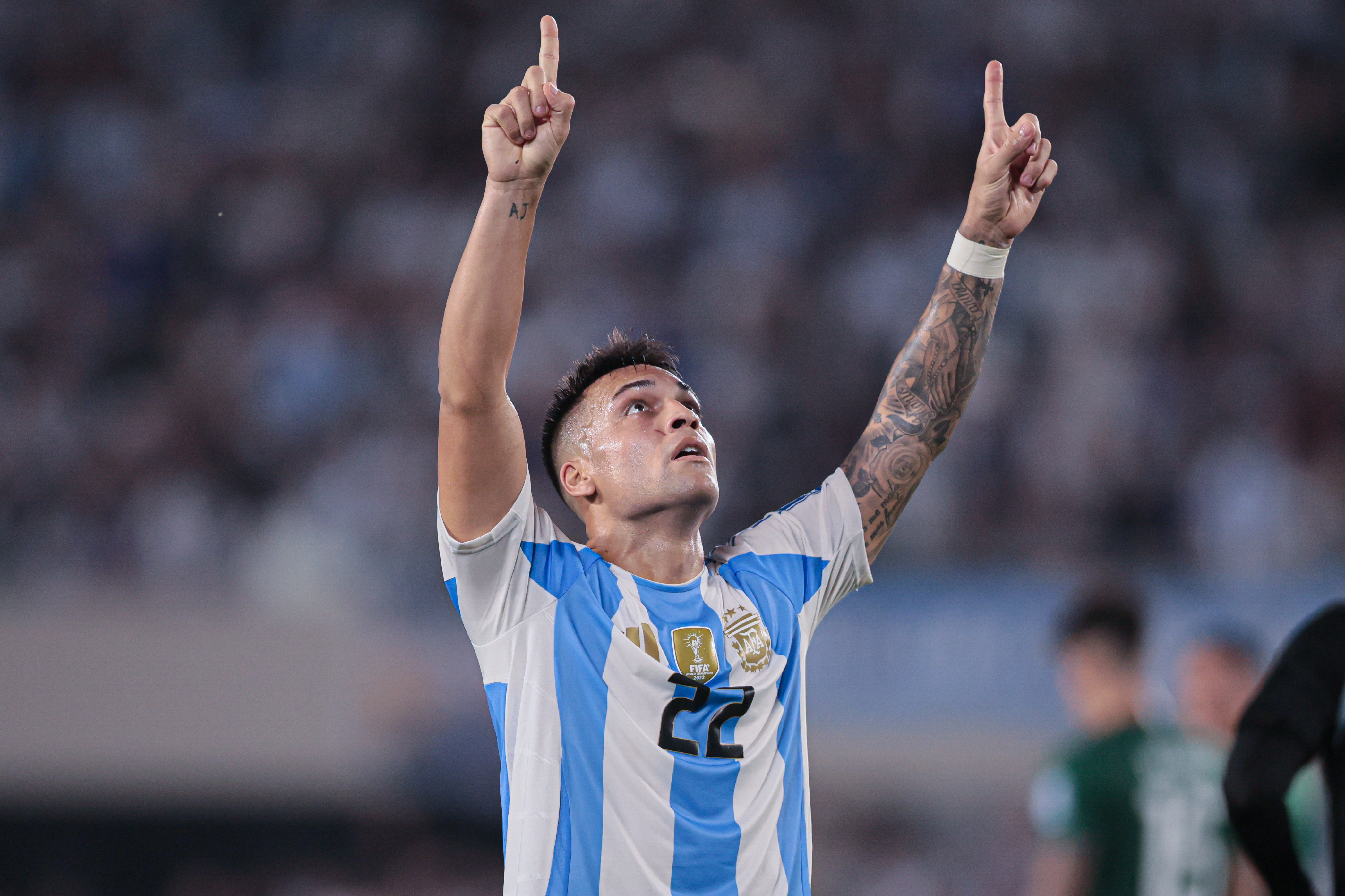 Buenos Aires, Argentina - October 15, 2024: Lautaro Martinez celebrates score. Led by Lionel Mess...