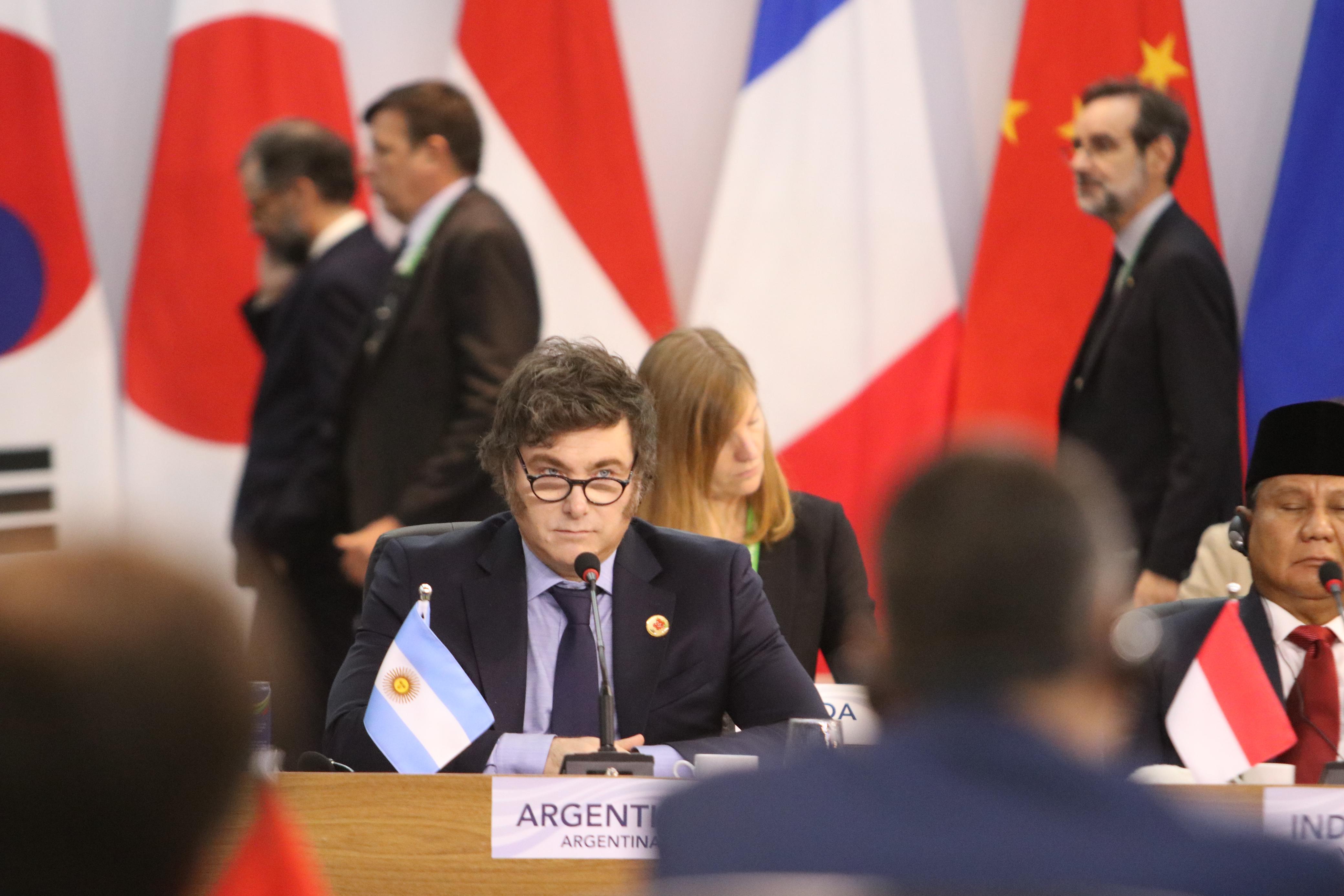 President Milei Participates in Plenary Session at G-20 Summit in Rio de Janeiro Rio de Janeiro, Brazil - November 18, 2024: Javier Milei, President of Argentina, takes part in t...