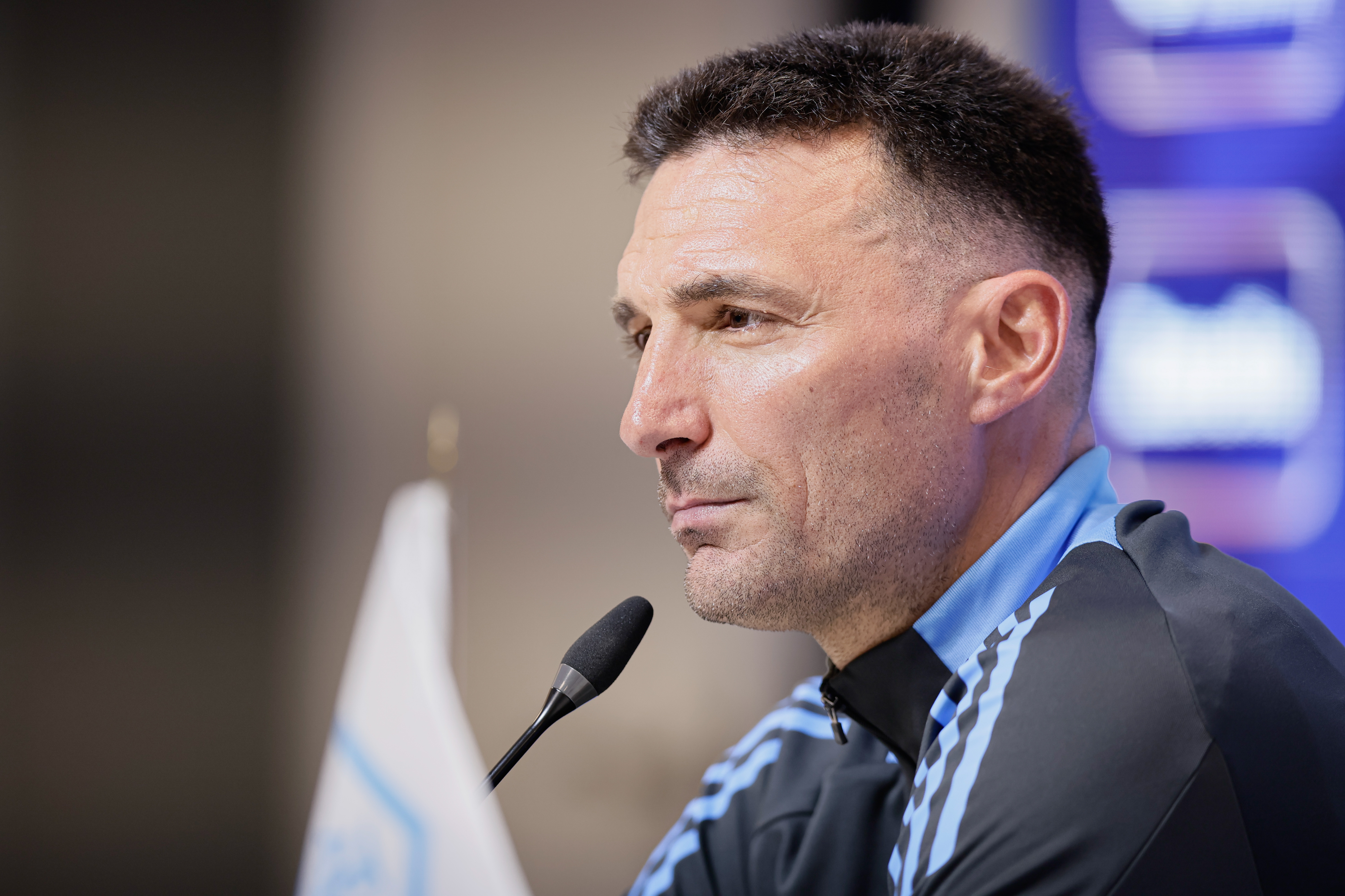 Lionel Scaloni Holds Press Conference Expressing Optimism Despite Recent Setback Against Paraguay Ezeiza, Argentina - November 18, 2024: Argentine national football team coach Lionel Scaloni addr...