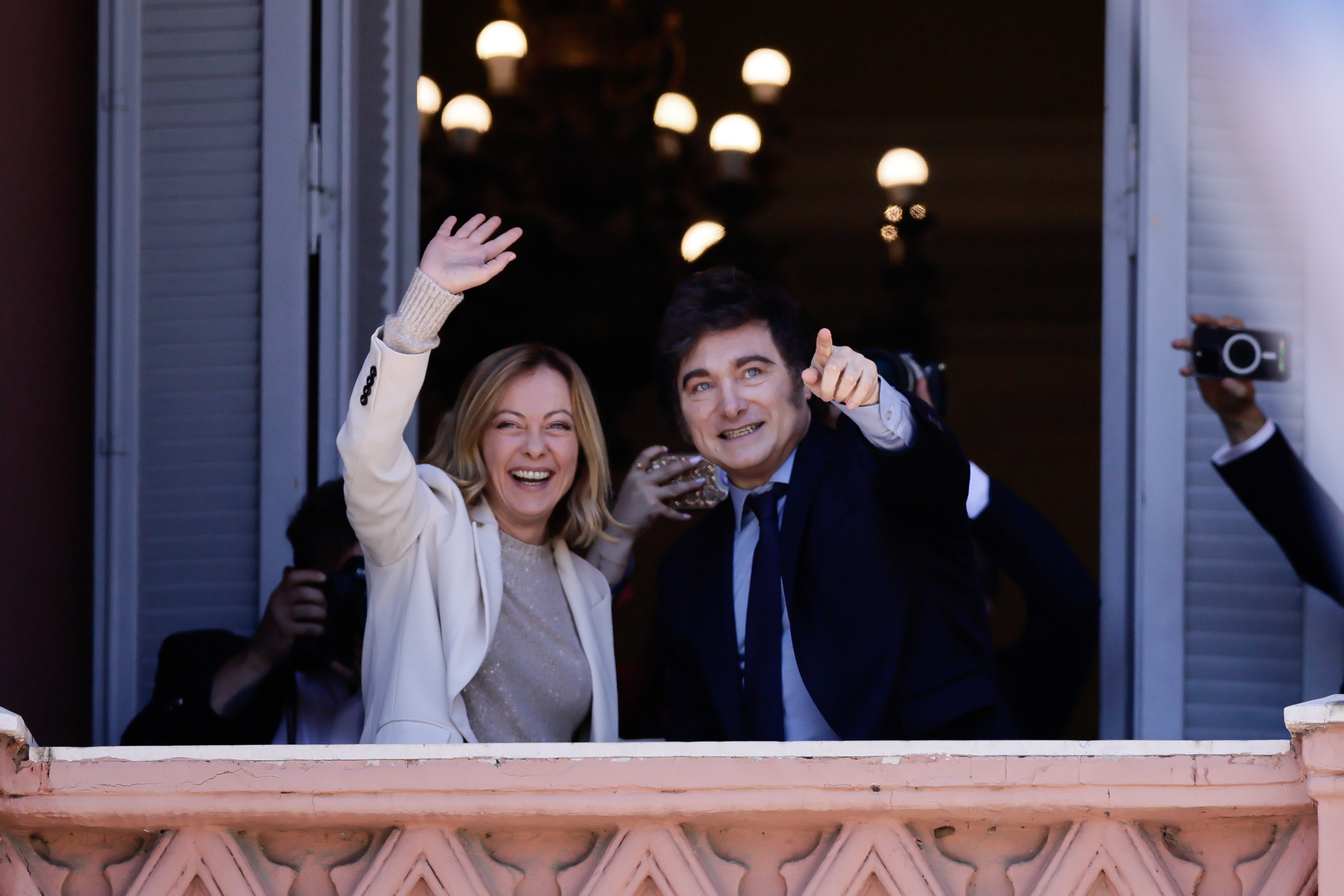 Strengthening Diplomatic Ties: Meloni Meets President Milei and Greets Public Buenos Aires, Argentina - November 20, 2024: Italian Prime Minister Giorgia Meloni visited Casa R...