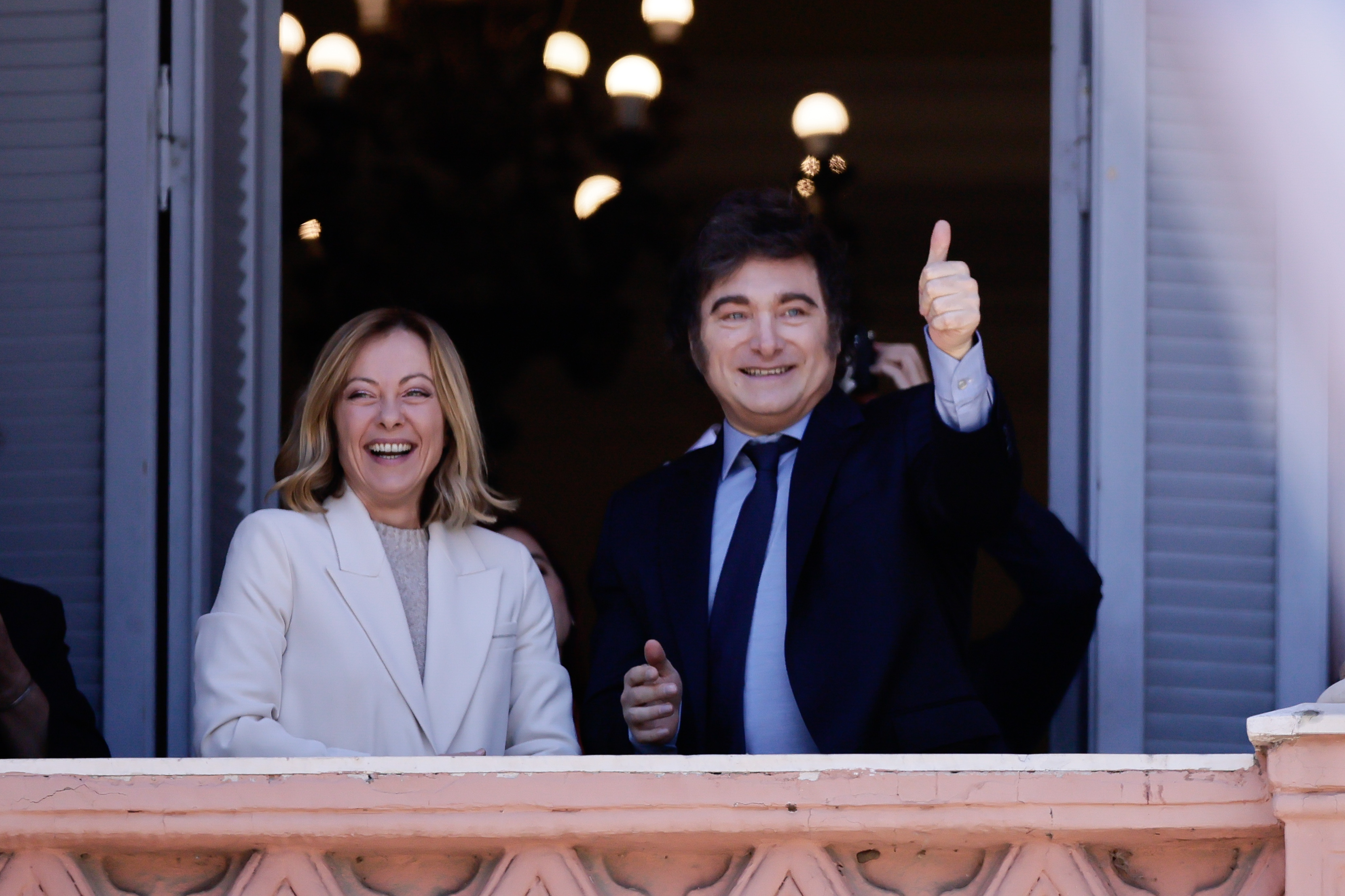 Strengthening Diplomatic Ties: Meloni Meets President Milei and Greets Public Buenos Aires, Argentina - November 20, 2024: Italian Prime Minister Giorgia Meloni visited Casa R...