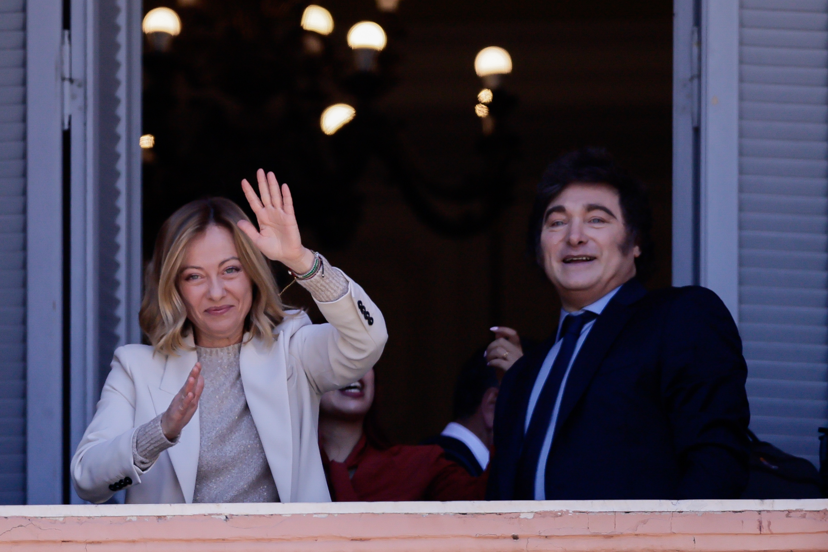 Strengthening Diplomatic Ties: Meloni Meets President Milei and Greets Public Buenos Aires, Argentina - November 20, 2024: Italian Prime Minister Giorgia Meloni visited Casa R...