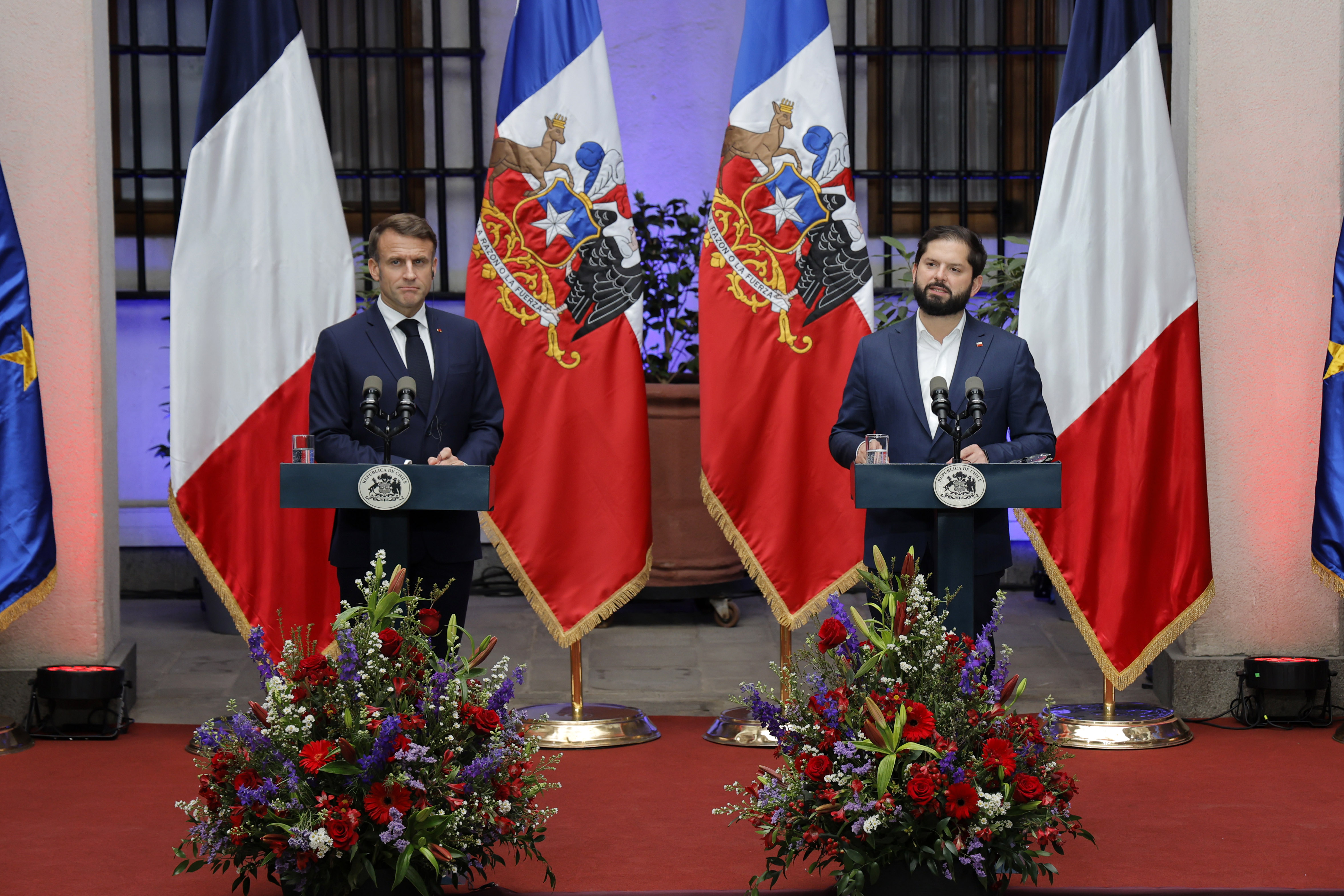 Santiago, Chile - November 20, 2024: French President Emmanuel Macron met with Chilean President ...