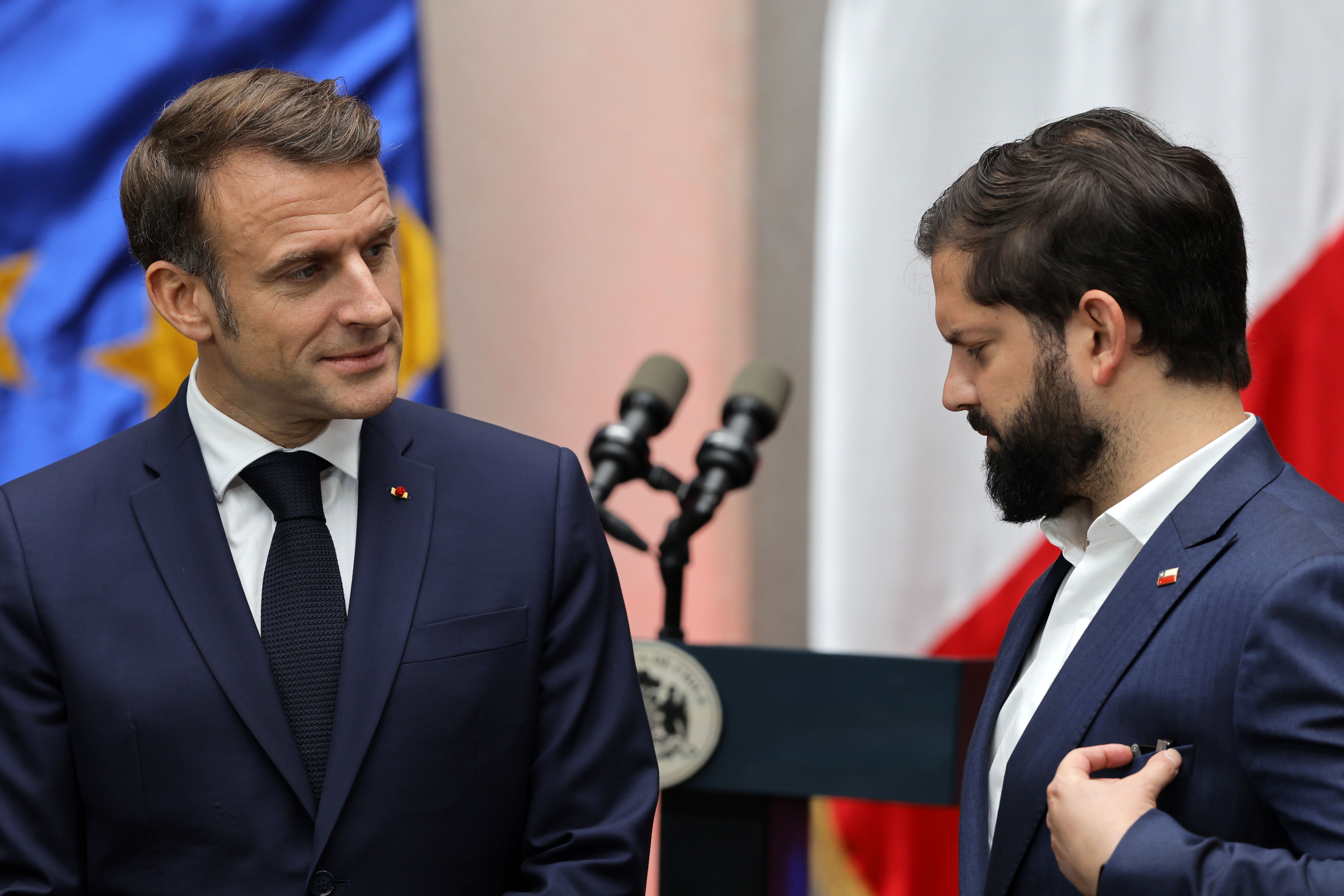 Macron and Boric Discuss Bilateral Cooperation in Santiago Santiago, Chile - November 20, 2024: French President Emmanuel Macron met with Chilean President ...