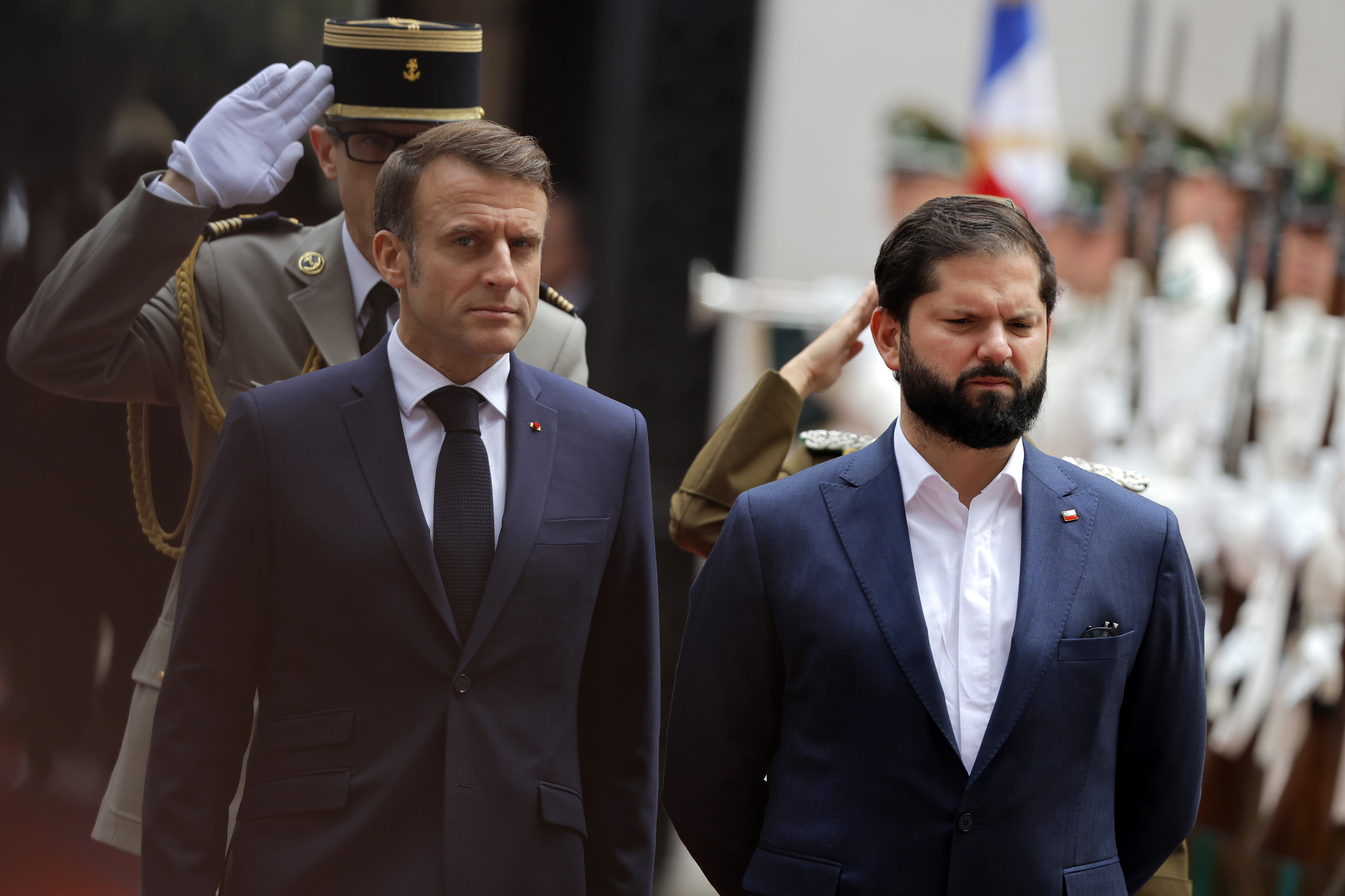 Santiago, Chile - November 20, 2024: French President Emmanuel Macron met with Chilean President ...