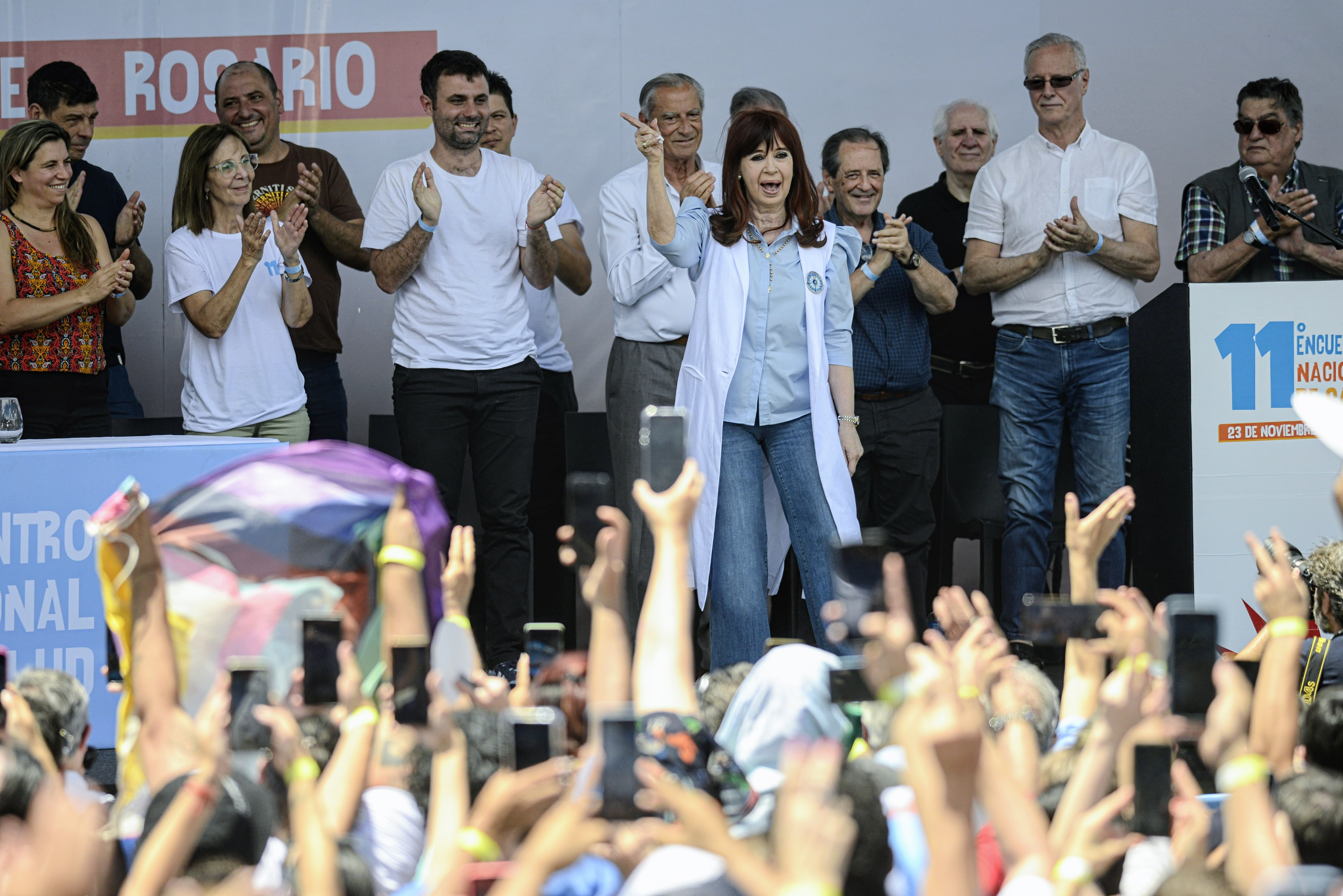 Argentina’s Former President Addresses Supporters in Key Political Gathering Rosario, Argentina - November 20, 2024: Former Argentine President and current political figure C...