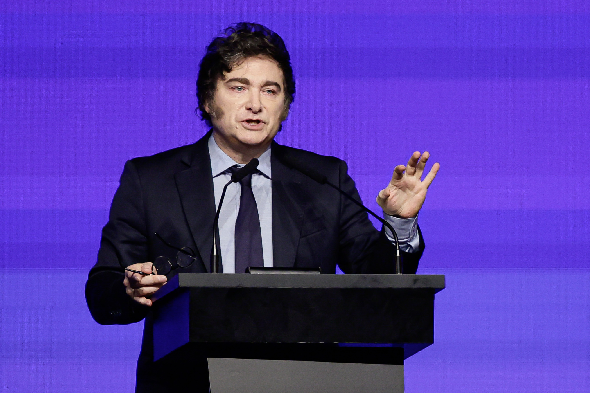 Global Conservative Leaders Gather in Argentina for Landmark Political Conference Buenos Aires, Argentina - December 4, 2024: Javier Milei give a closing speech in the Conservativ...