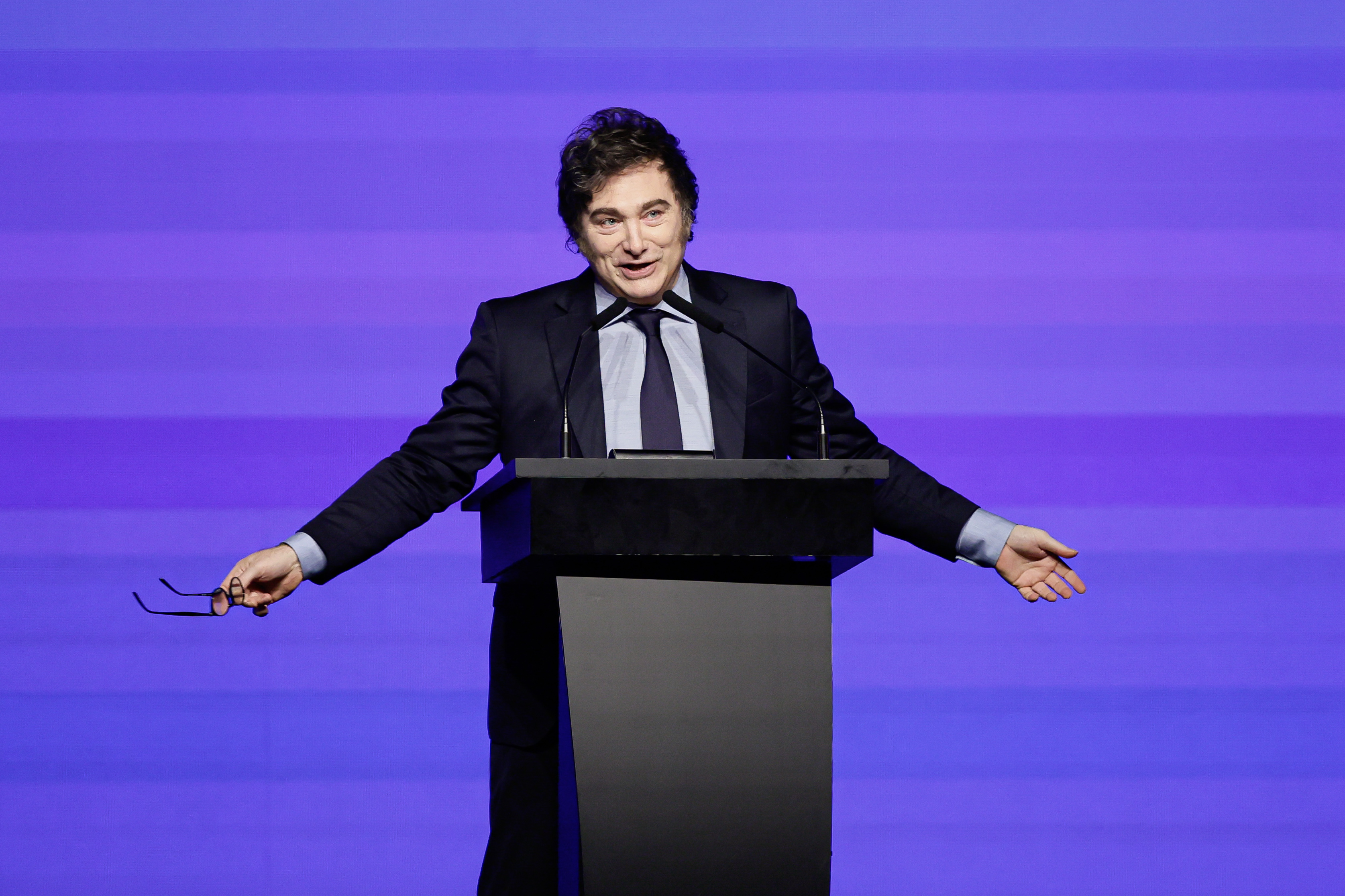 Global Conservative Leaders Gather in Argentina for Landmark Political Conference Buenos Aires, Argentina - December 4, 2024: Javier Milei give a closing speech in the Conservativ...