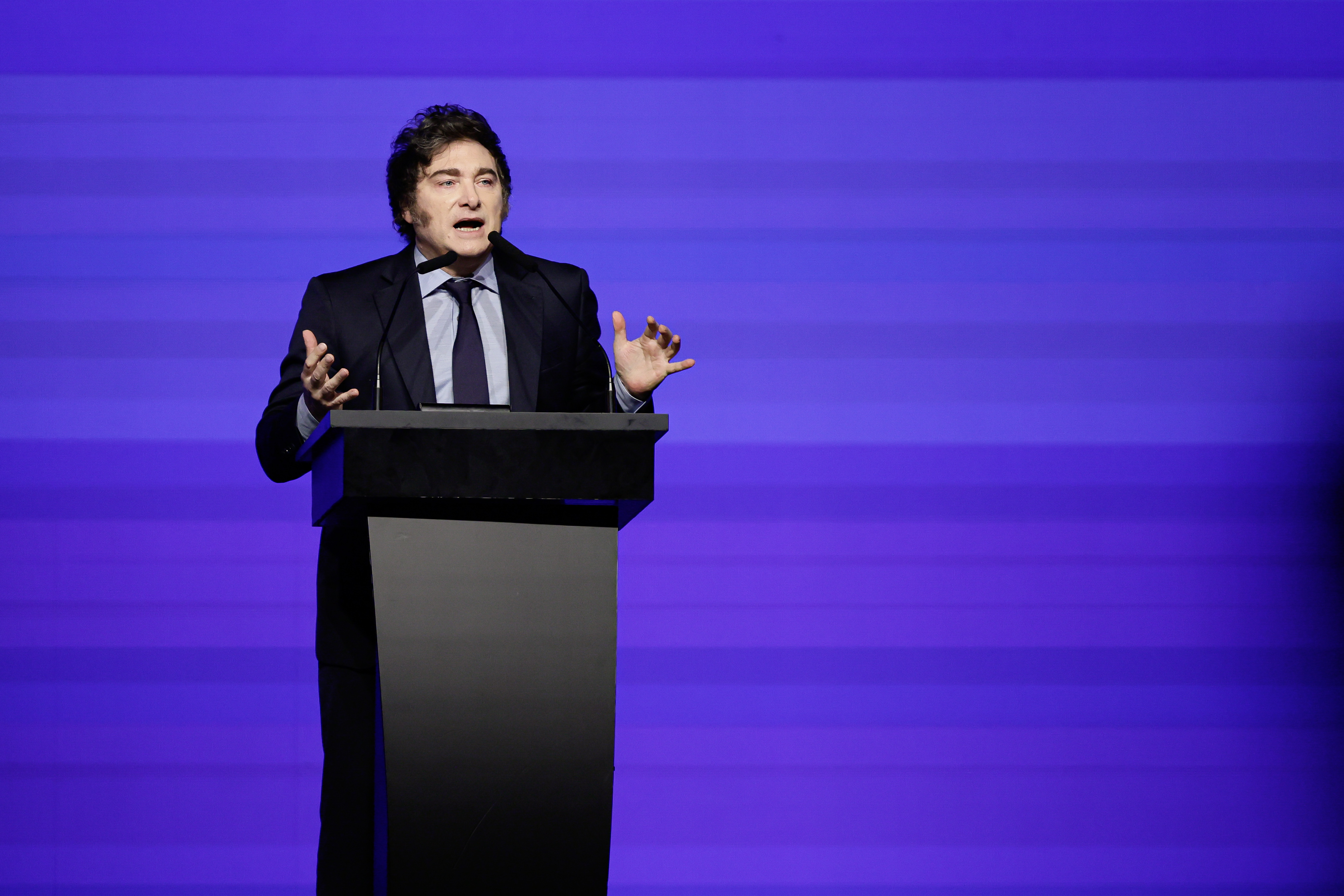 Global Conservative Leaders Gather in Argentina for Landmark Political Conference Buenos Aires, Argentina - December 4, 2024: Javier Milei give a closing speech in the Conservativ...