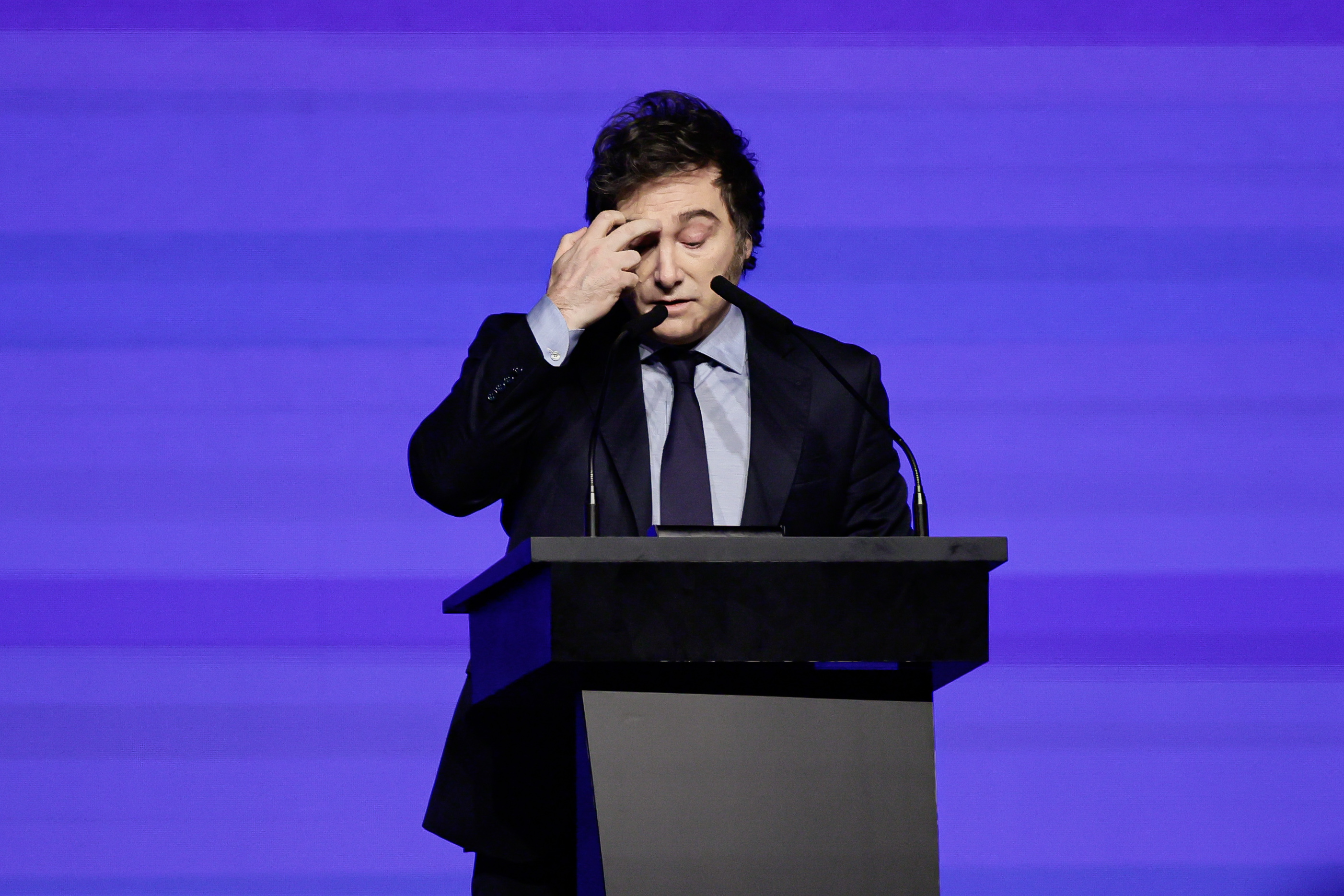 Global Conservative Leaders Gather in Argentina for Landmark Political Conference Buenos Aires, Argentina - December 4, 2024: Javier Milei give a closing speech in the Conservativ...