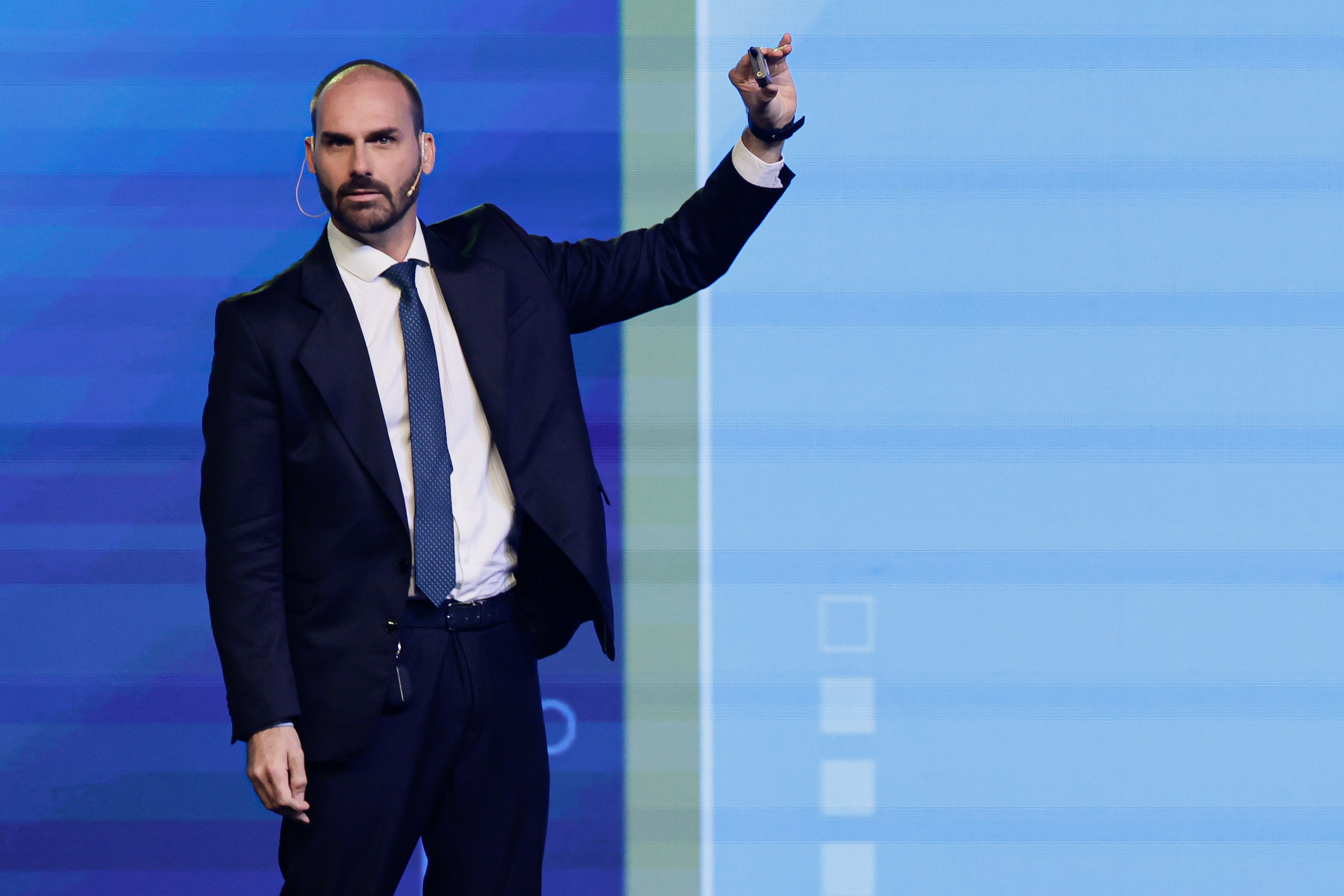 Global Conservative Leaders Gather in Argentina for Landmark Political Conference Buenos Aires, Argentina - December 4, 2024: Eduardo Bolsonaro speaks in the Conservative Politica...