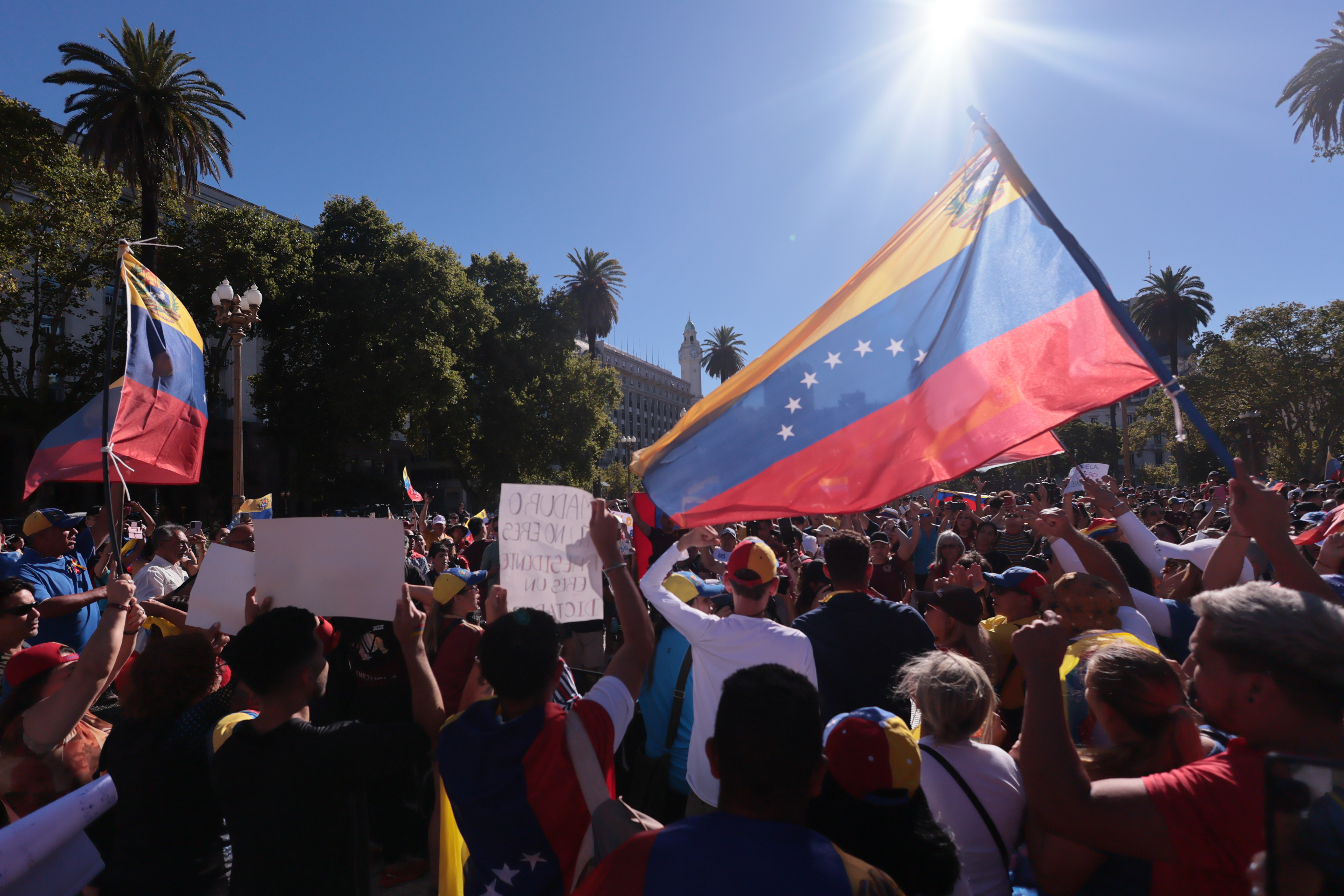Demonstration in Plaza de Mayo Ahead of Maduro’s Inauguration Buenos Aires, Argentina - January 9, 2025: Venezuelans residing in Buenos Aires gathered in Plaza...