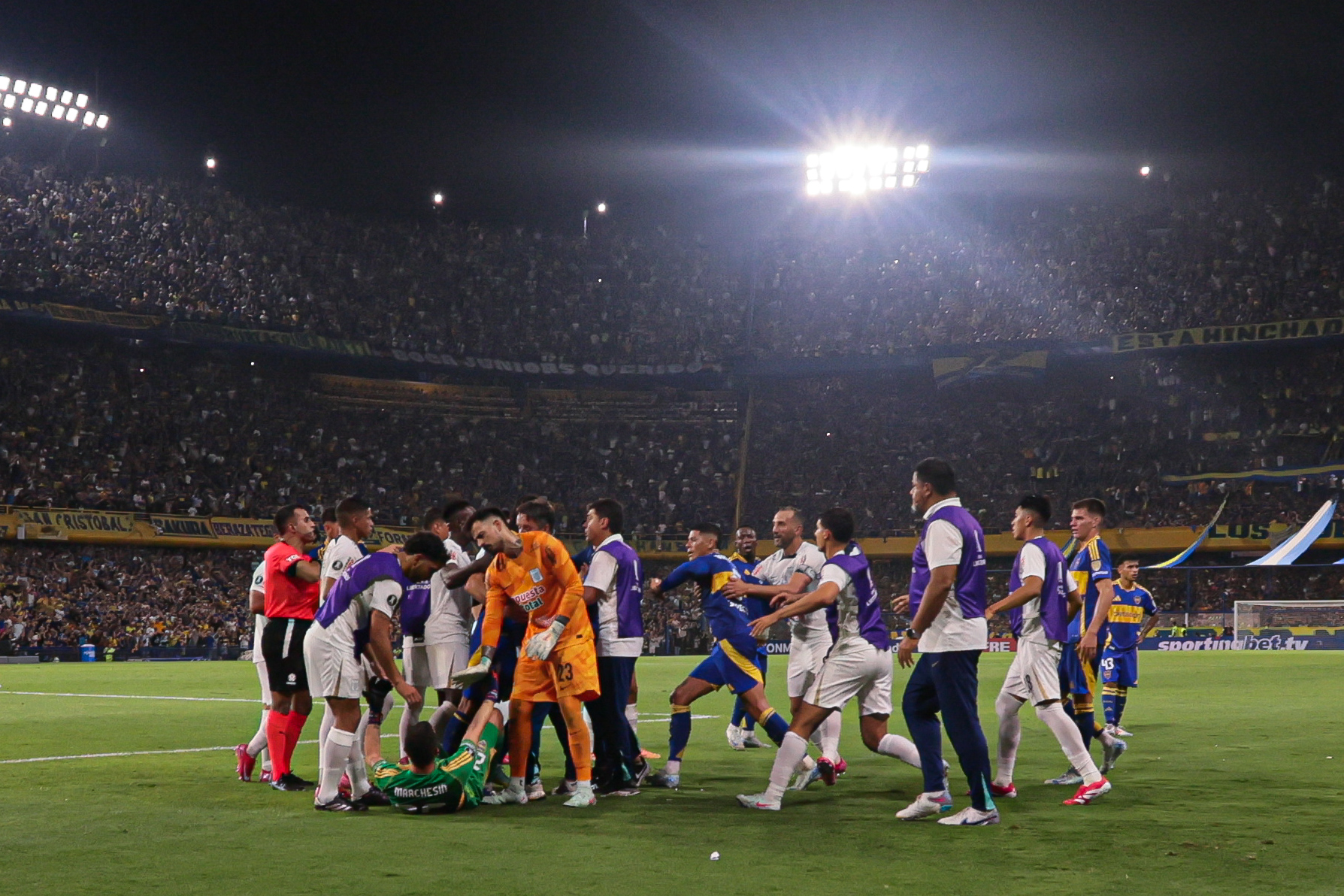 Buenos Aires, Argentina – February 25, 2025: Players Fighting in the field.  Boca Juniors celeb...