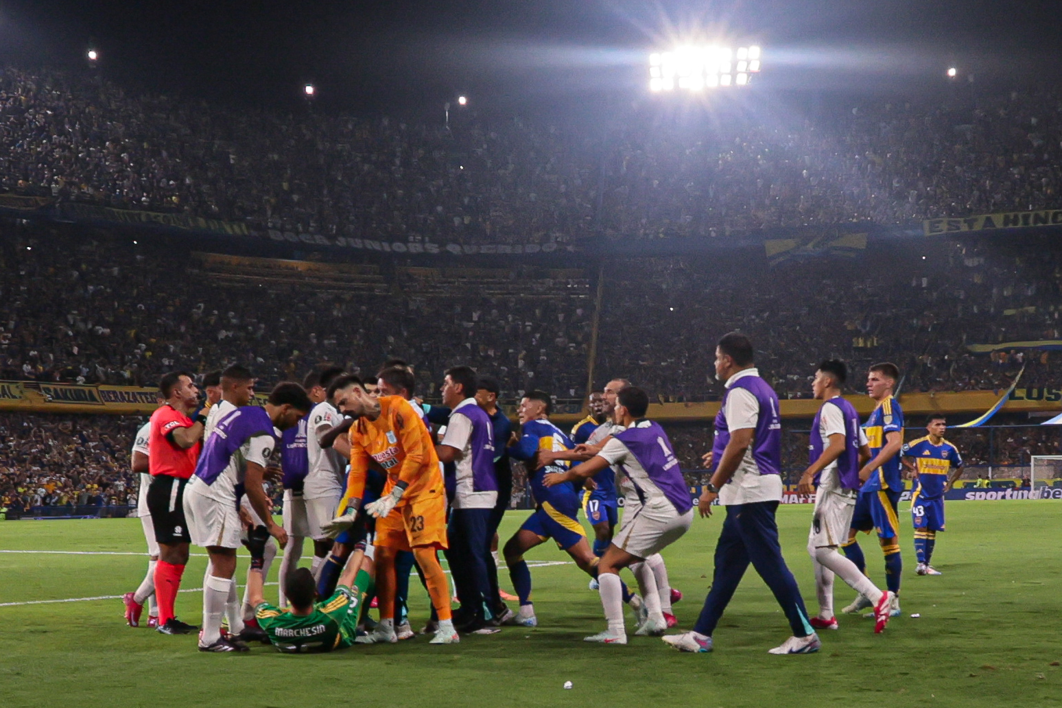 Boca Juniors Seeks Comeback Against Alianza Lima to Stay in Libertadores Race Buenos Aires, Argentina – February 25, 2025: Players Fighting in the field. Boca Juniors celeb...
