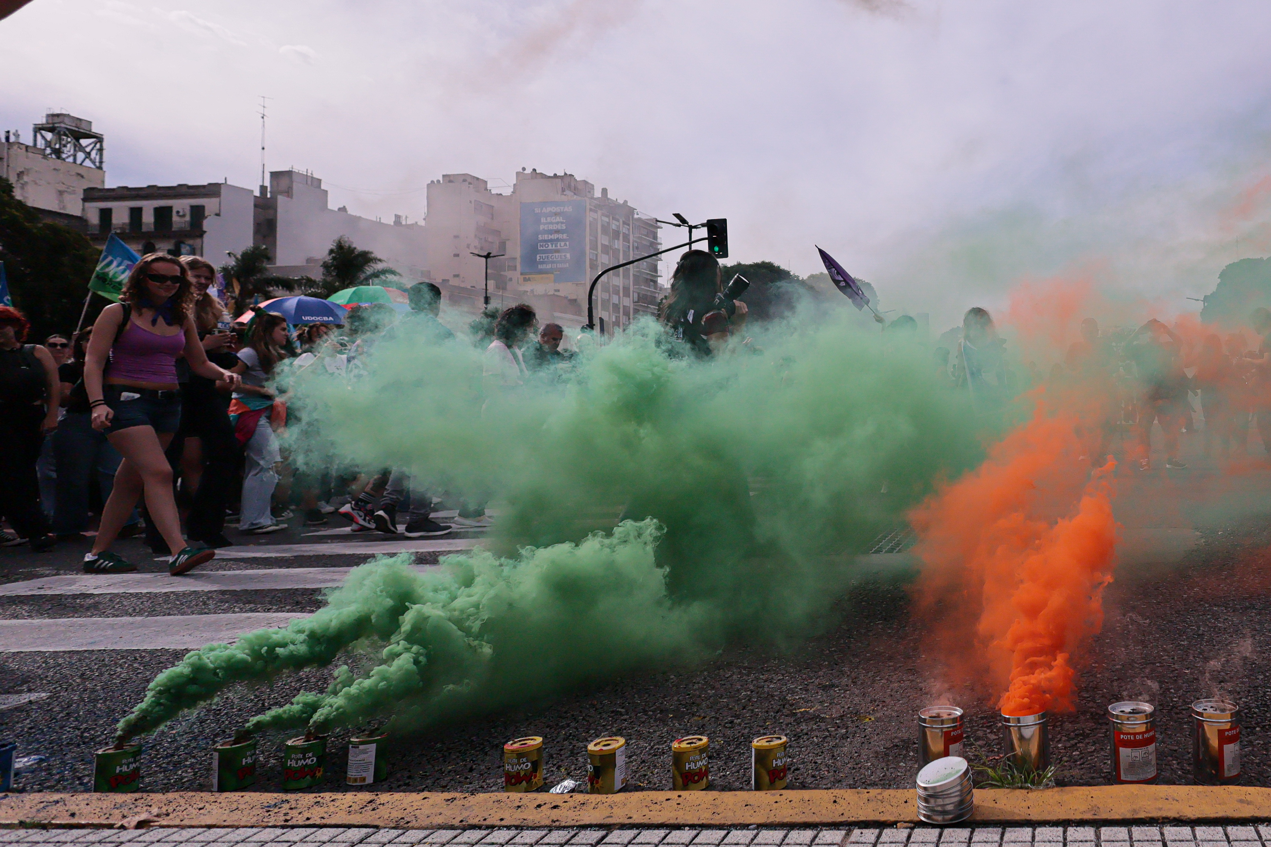 Buenos Aires, Argentina - March 8, 2025: Artistic expressions in the 8-M march. Thousands of peop...