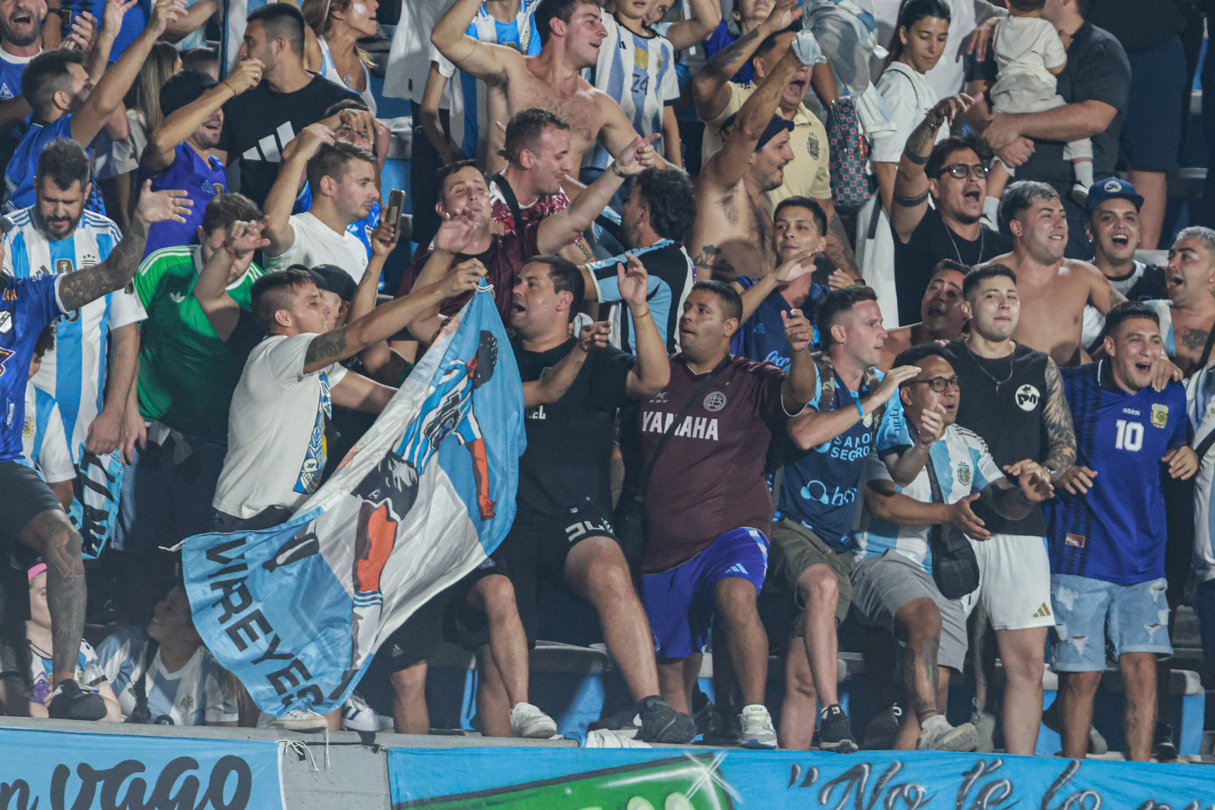 Montevideo, Uruguay – March 21, 2025: Argentine fans await the start of the match against Urugu...