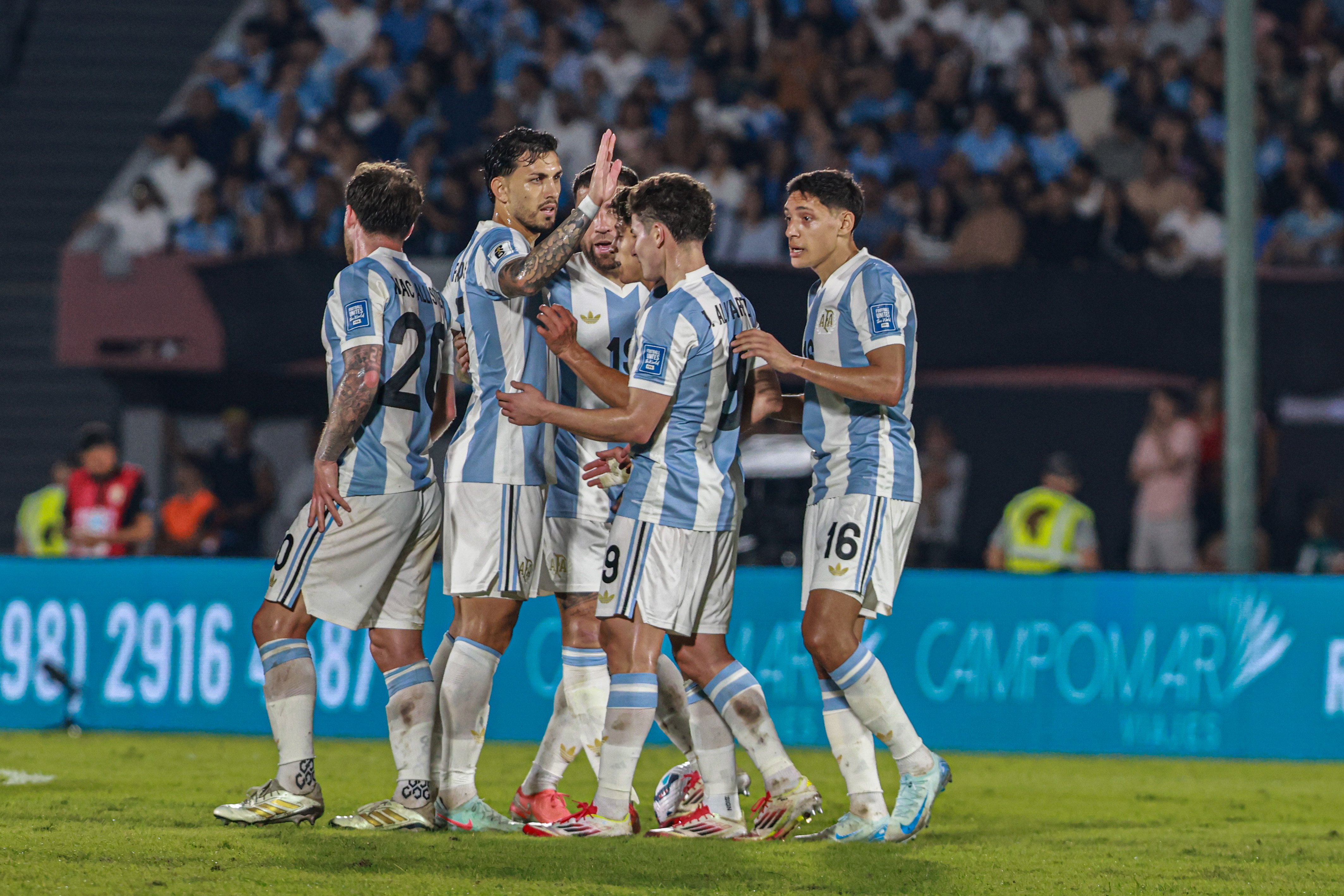 South American Rivals Face Off at Estadio Centenario for Matchday 13 Montevideo, Uruguay – March 21, 2025: Thiago Almada celebrates his score. Uruguay and Argentin...