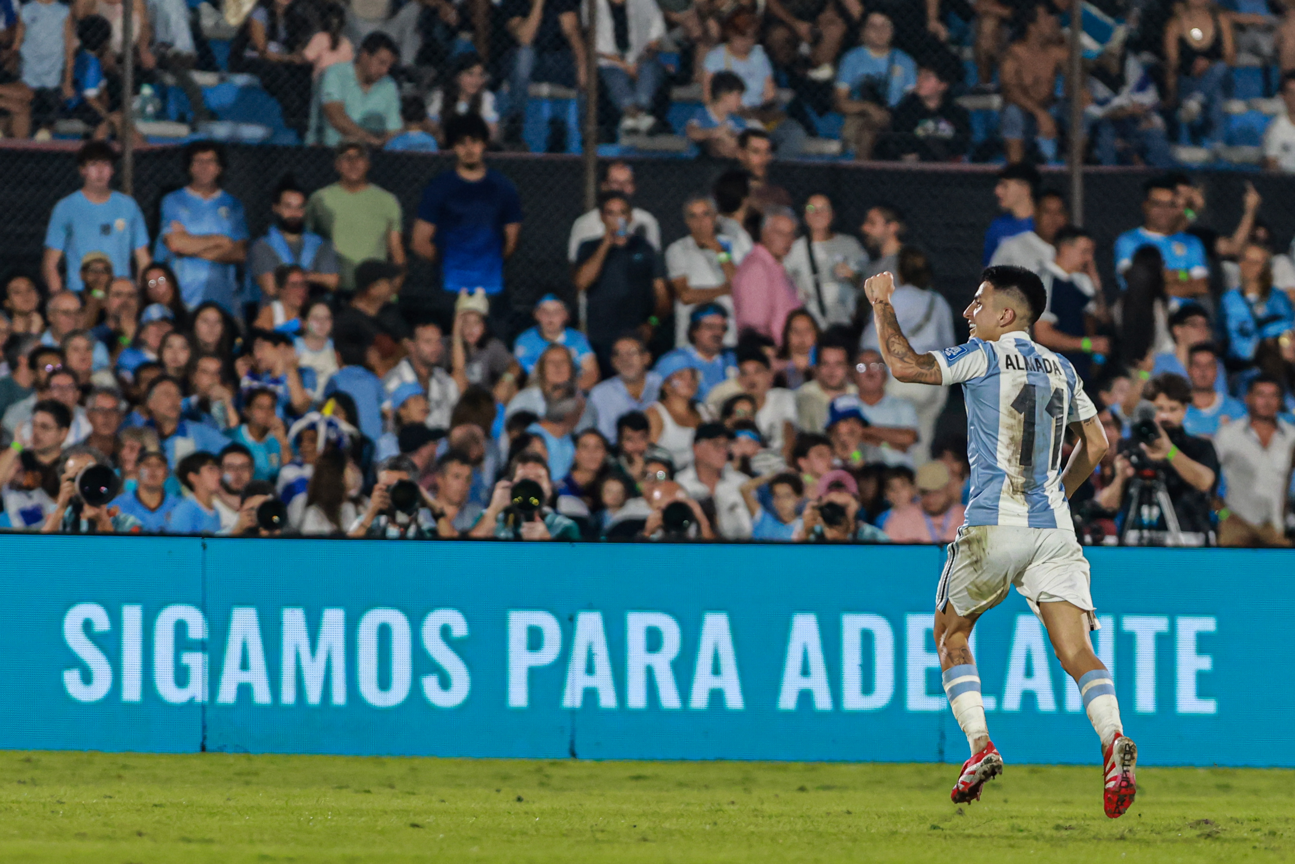 Montevideo, Uruguay – March 21, 2025:  Thiago Almada celebrates his score. Uruguay and Argentin...