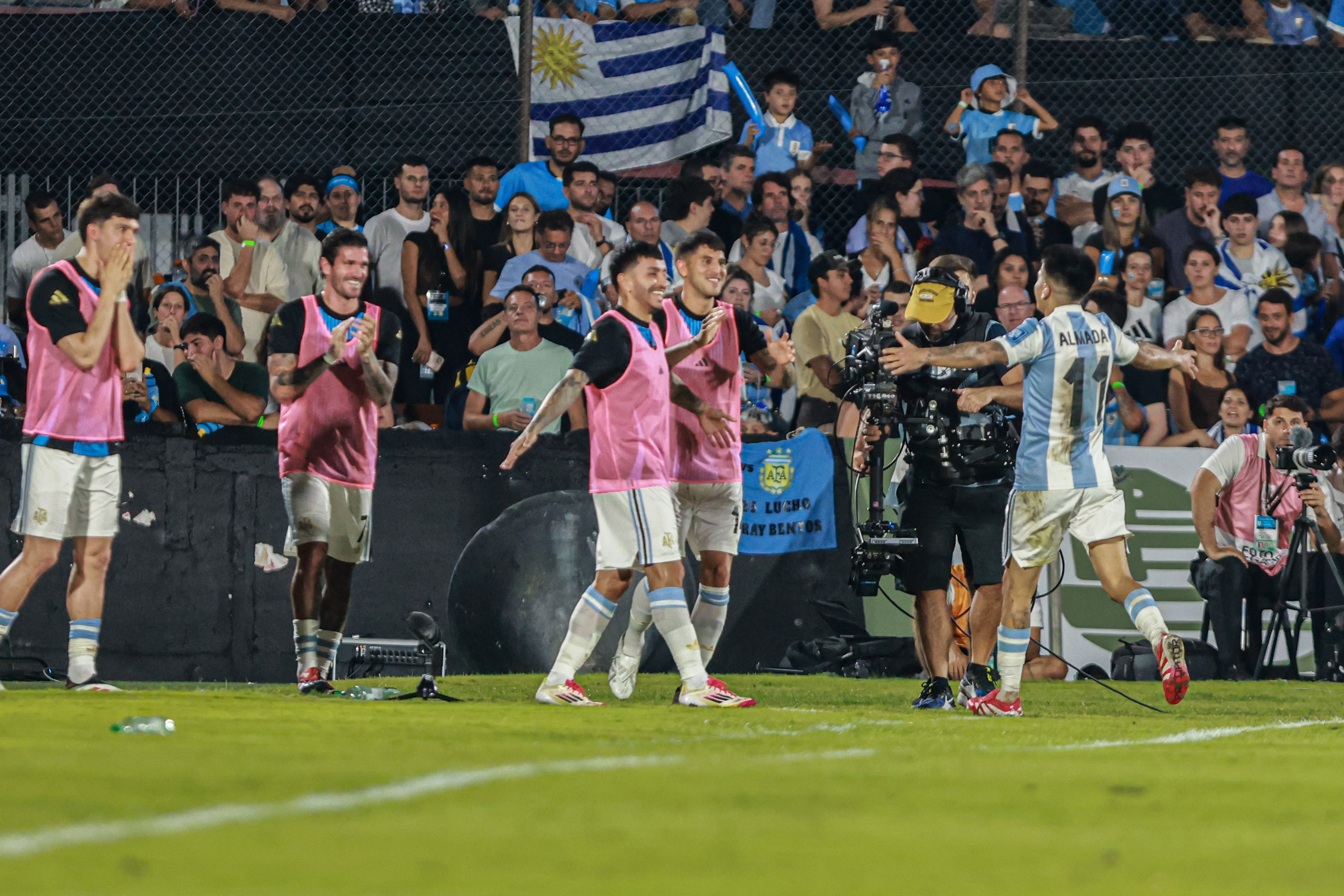 South American Rivals Face Off at Estadio Centenario for Matchday 13 Montevideo, Uruguay – March 21, 2025: Thiago Almada celebrates his score. Uruguay and Argentin...