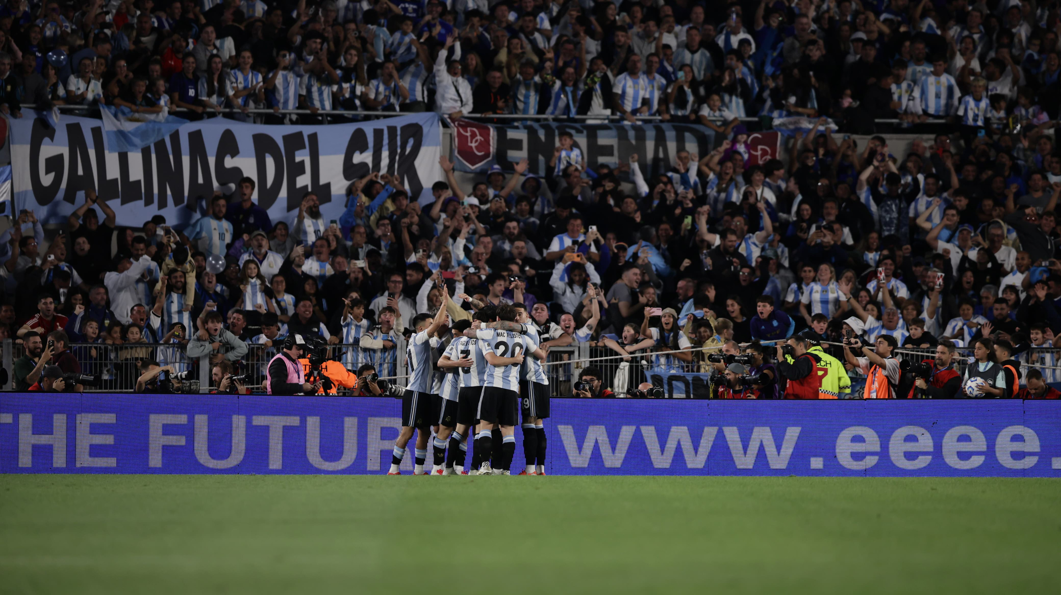 Argentina Faces Brazil in Crucial World Cup Qualifier at Monumental. Buenos Aires, Argentina – March 25, 2025: The Argentine team celebrates the first goal scored b...