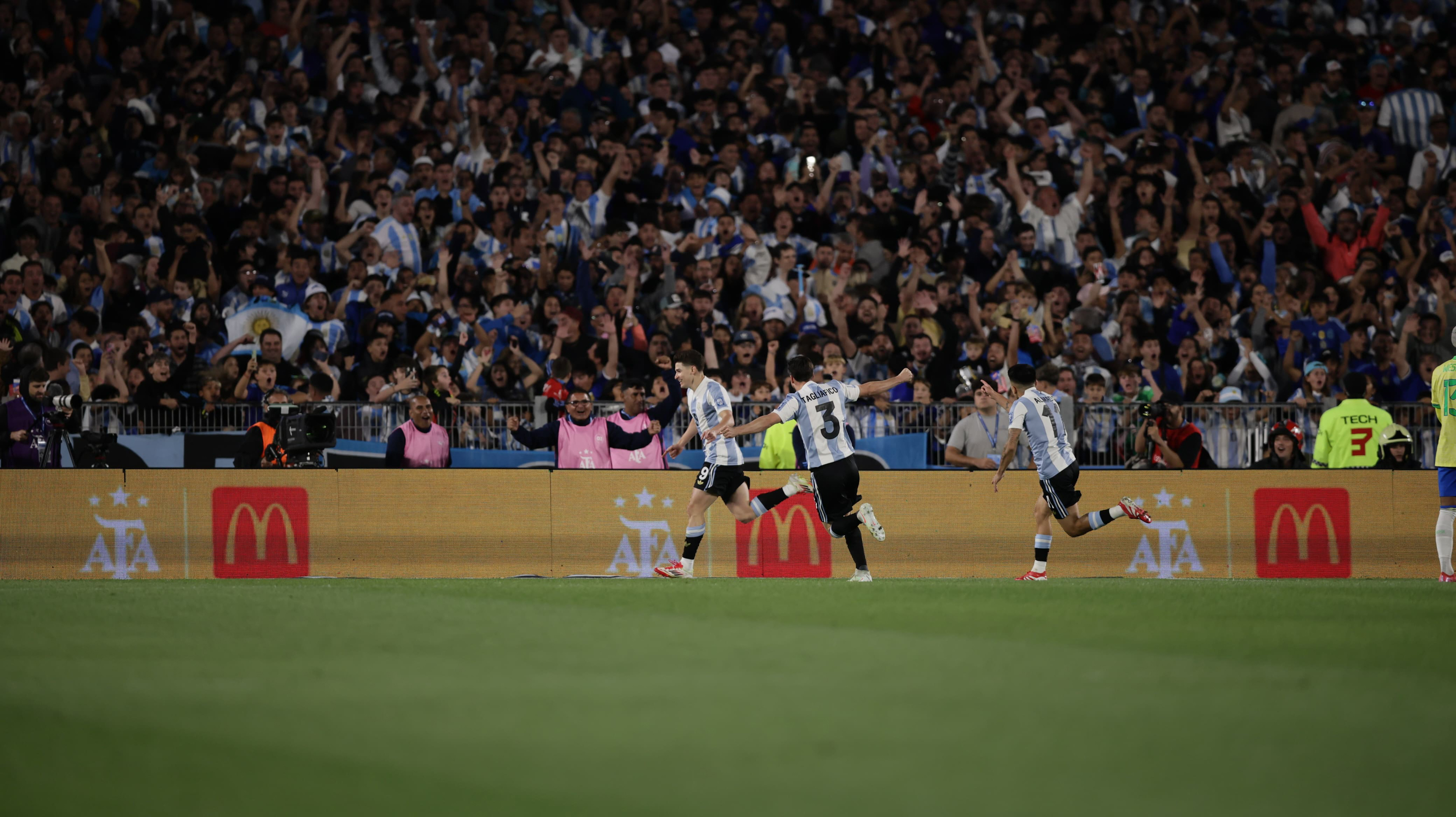 Argentina Faces Brazil in Crucial World Cup Qualifier at Monumental. Buenos Aires, Argentina – March 25, 2025: Julián Alvarez (9) celebrates his goal accompanied b...