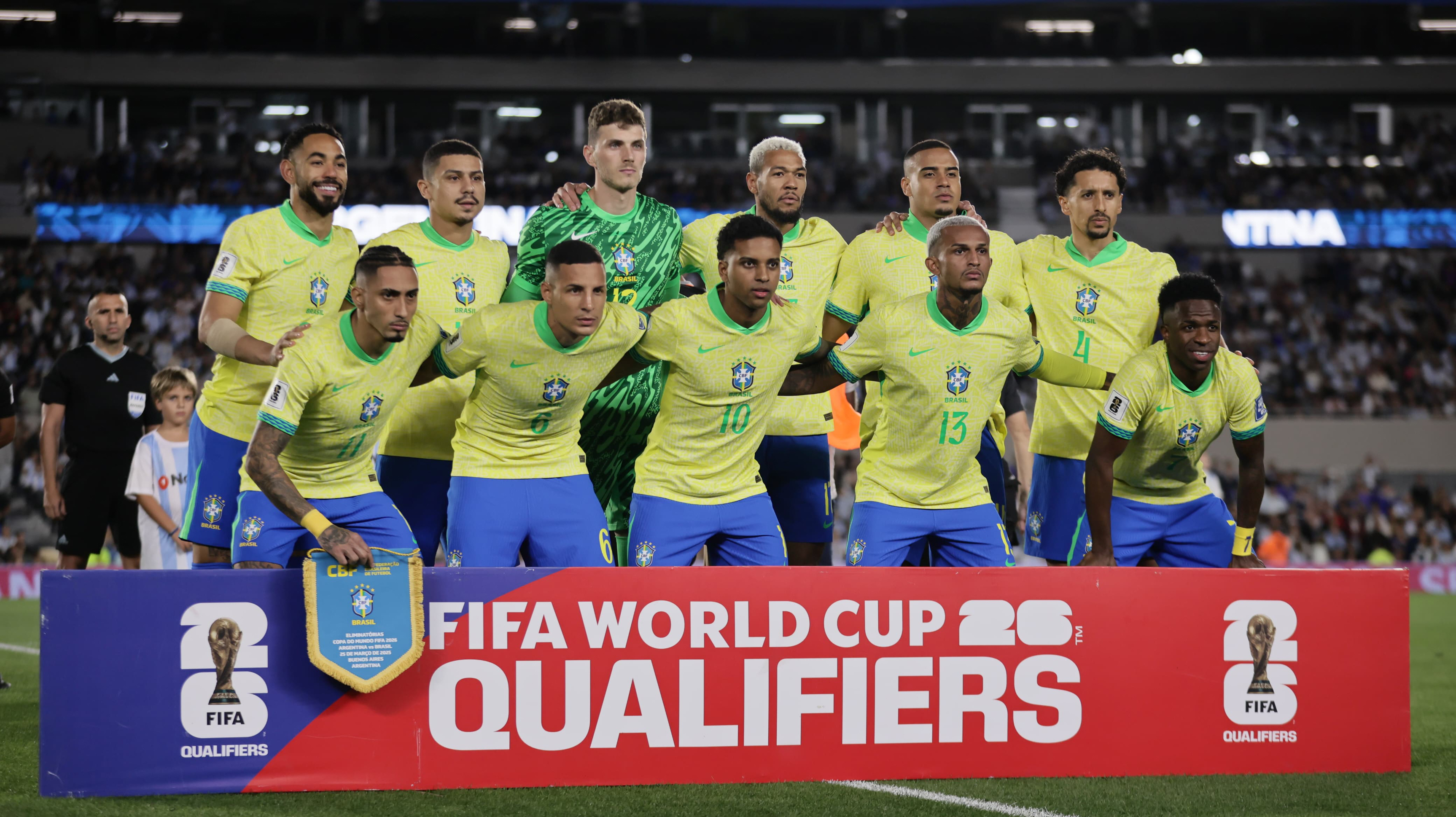Argentina Faces Brazil in Crucial World Cup Qualifier at Monumental. Buenos Aires, Argentina – March 25, 2025: (Left to Right, up) Douglas Luiz, Bento, André, Joel...