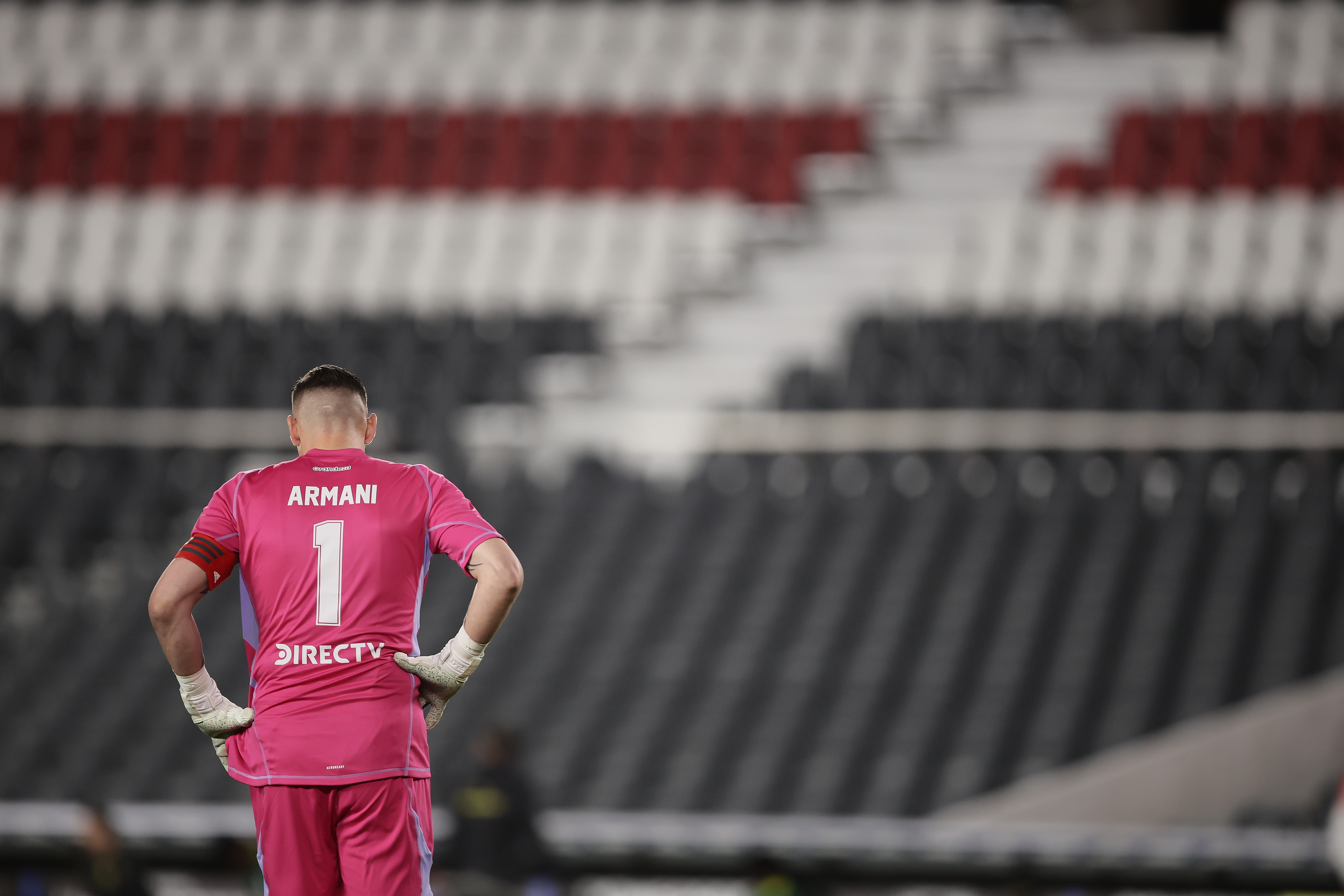 River Plate Plays Without Fans Due to Sanction from Previous Pyrotechnic Incident Buenos Aires, Argentina – April 8, 2025: View of the empty Monumental Stadium due to CONMEBOL's...