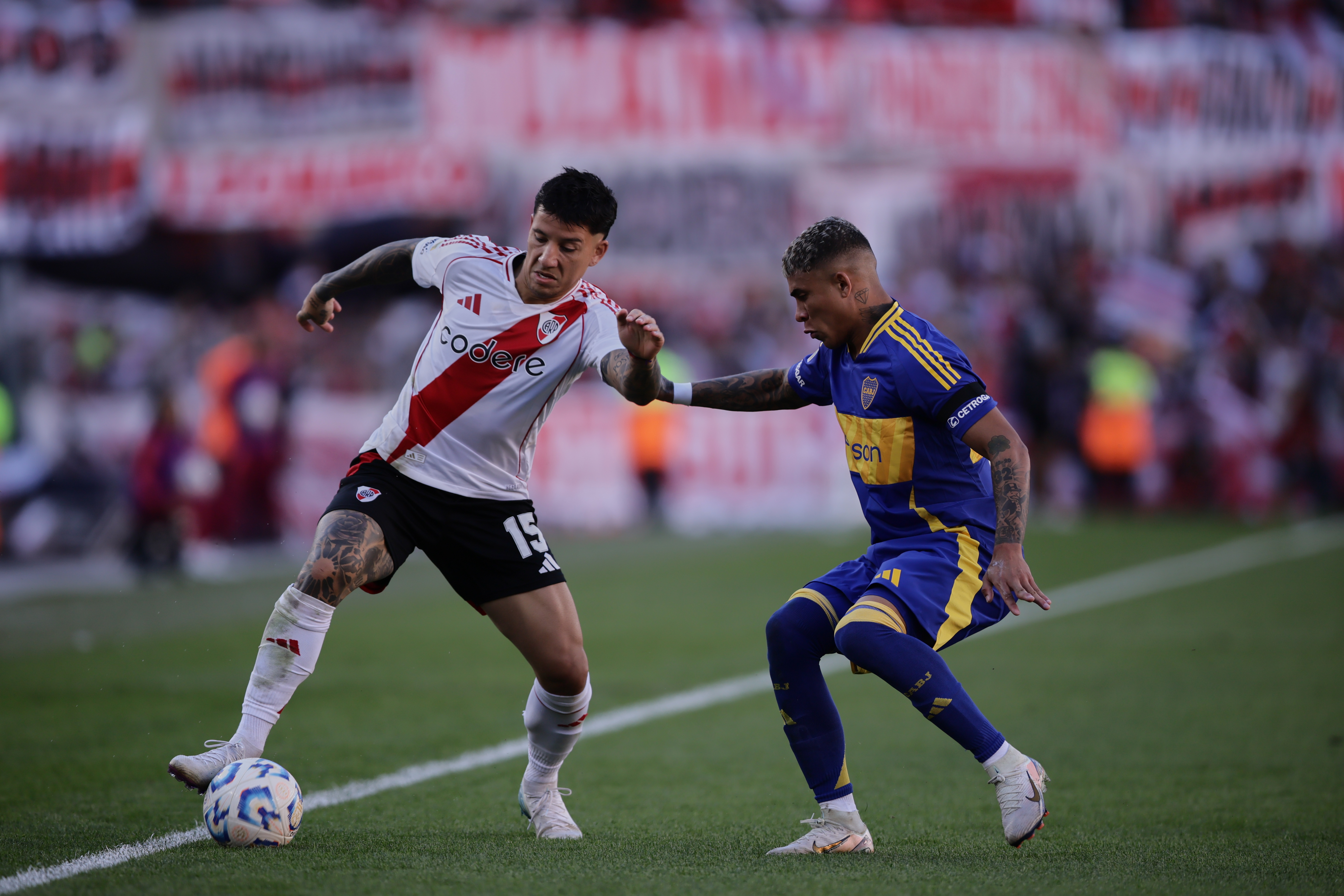 Buenos Aires, Argentina - April 27, 2025: Sebastian Driussi from River Plate (L)River Plate and B...