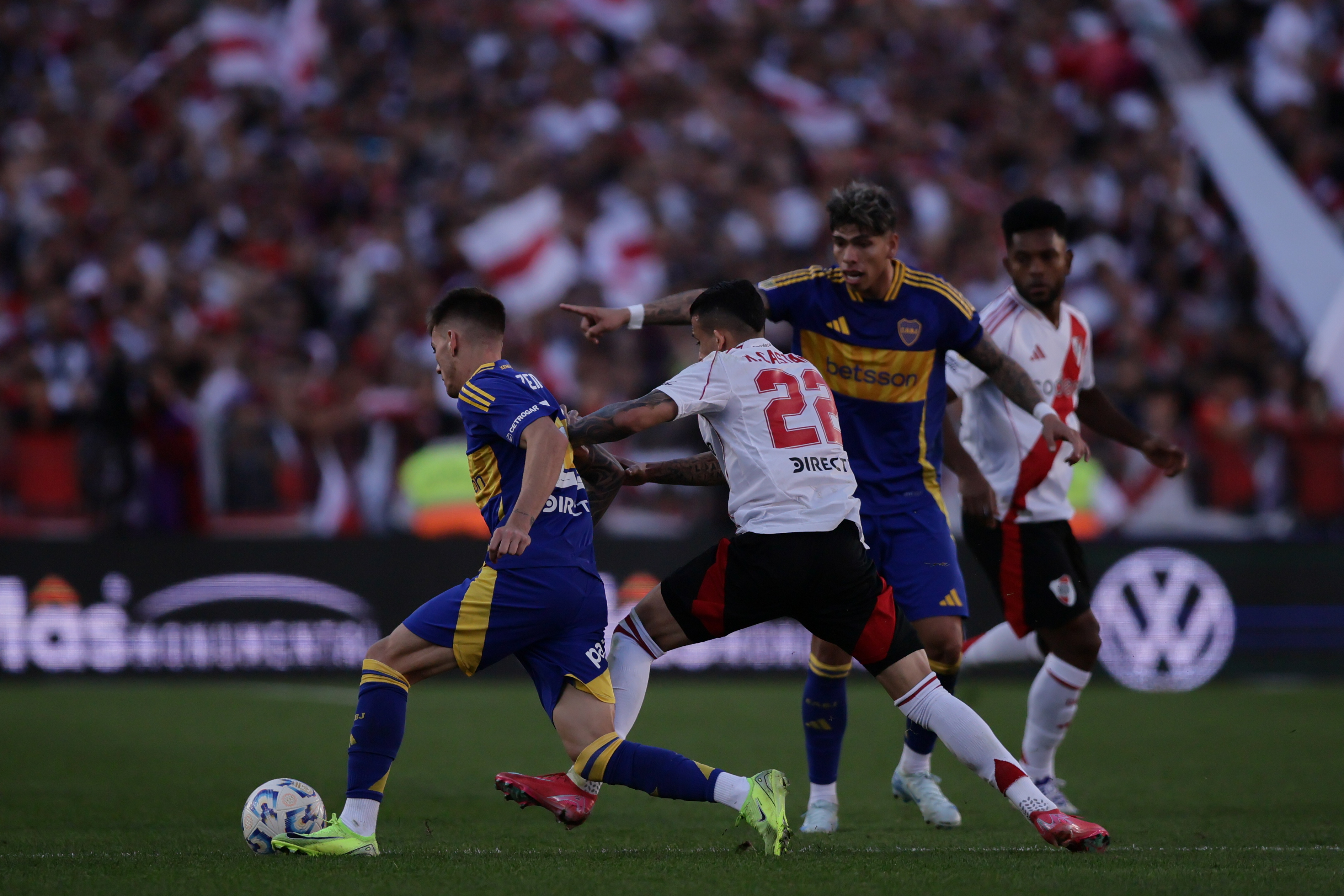 Buenos Aires, Argentina - April 27, 2025: River Plate and Boca Juniors face off at Estadio Monume...