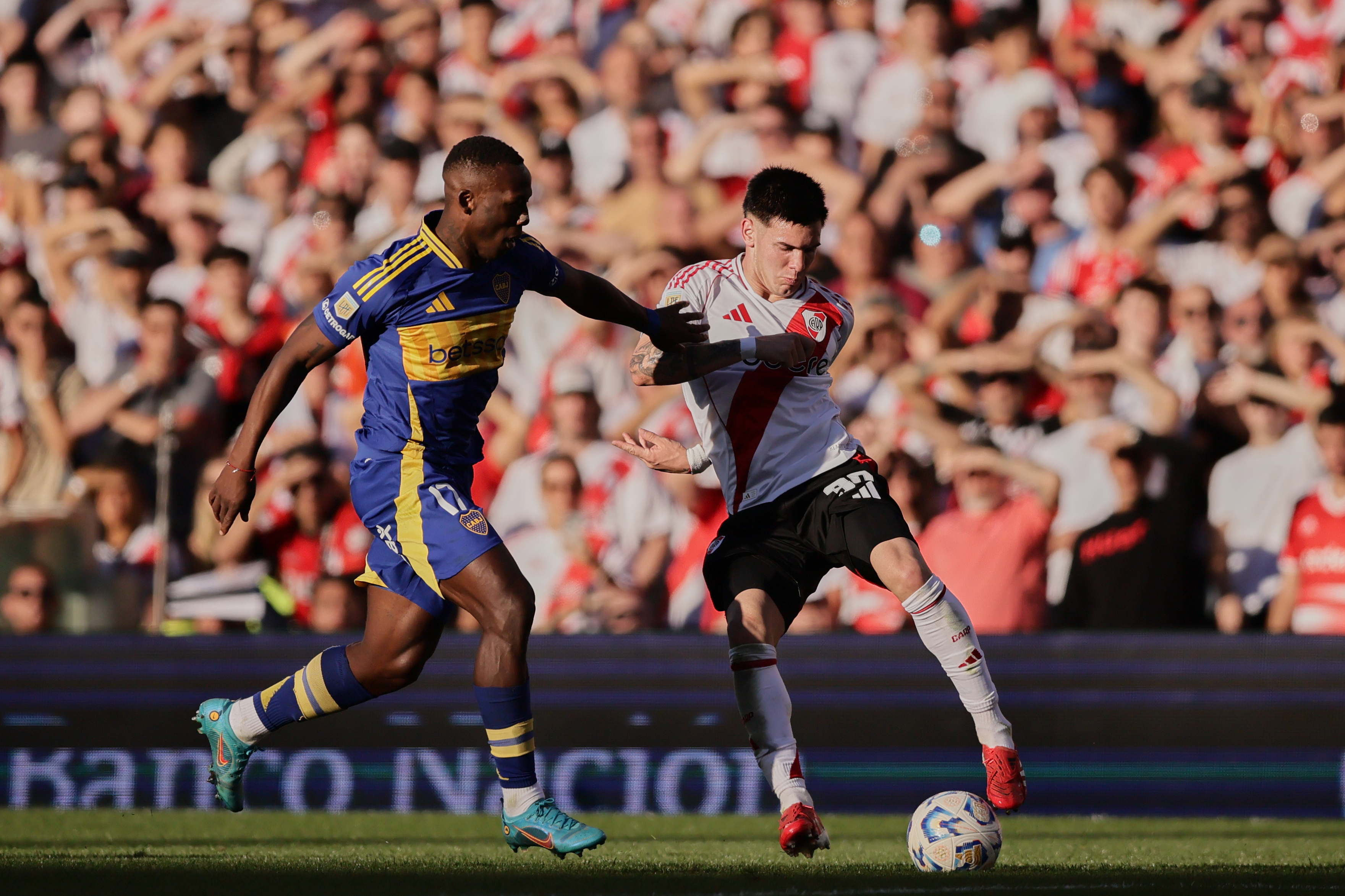 Buenos Aires, Argentina - April 27, 2025: Mastantouno from river and Advincula from Boca Juniors ...