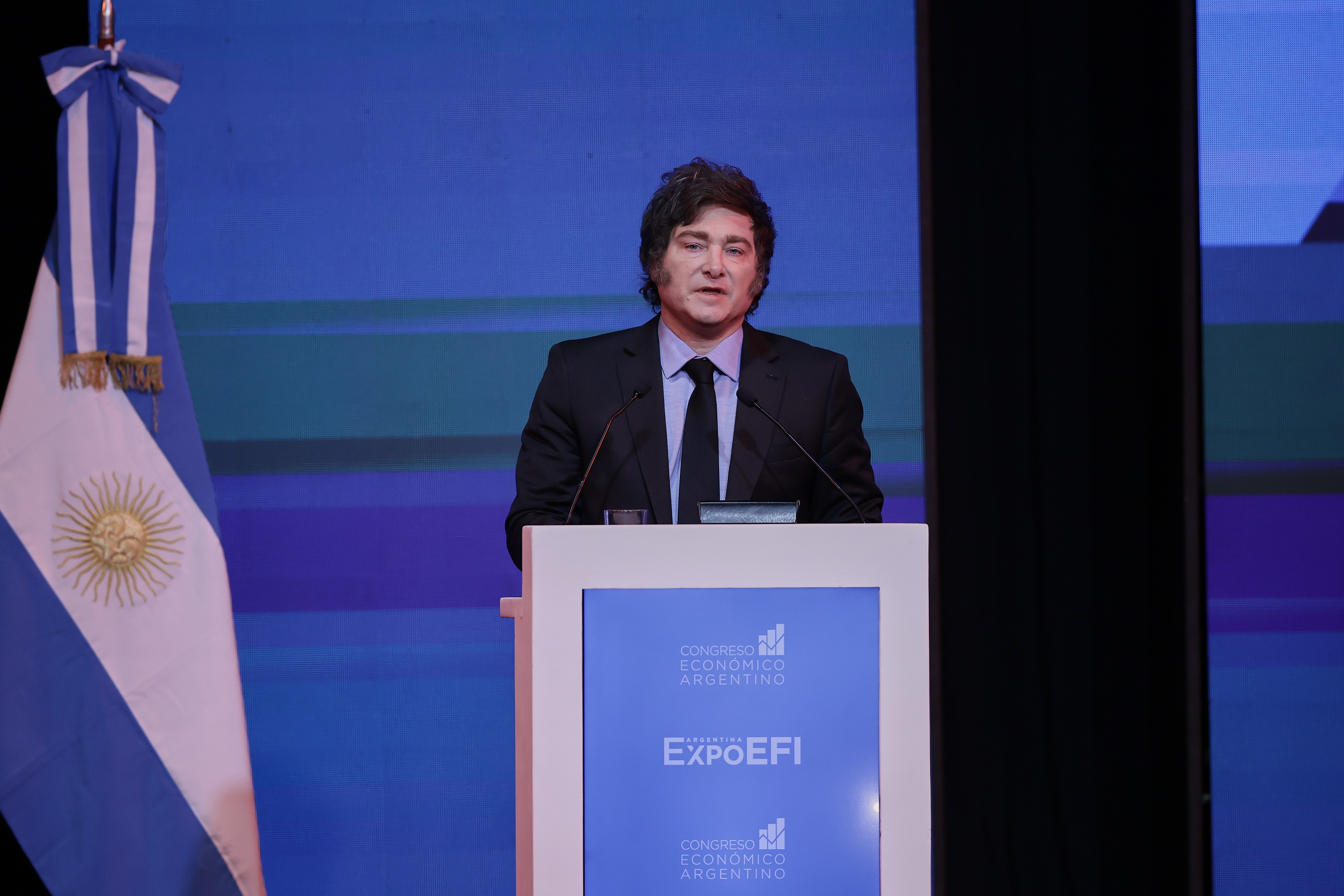 Argentine President delivers speech at the country’s key economic forum Buenos Aires, Argentina - April 30, 2025: Argentine President Javier Milei delivers a speech at t...