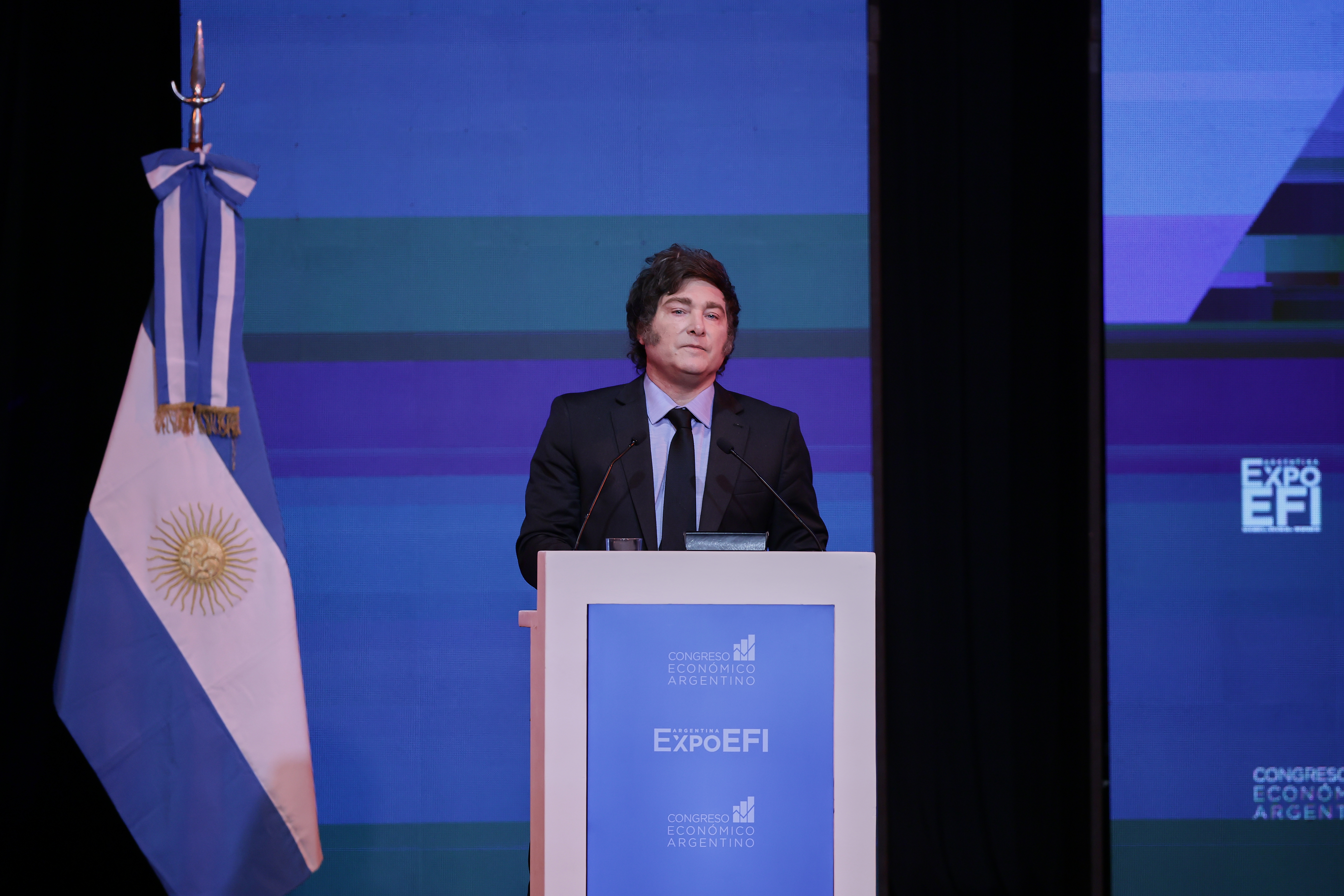 Argentine President delivers speech at the country’s key economic forum Buenos Aires, Argentina - April 30, 2025: Argentine President Javier Milei delivers a speech at t...