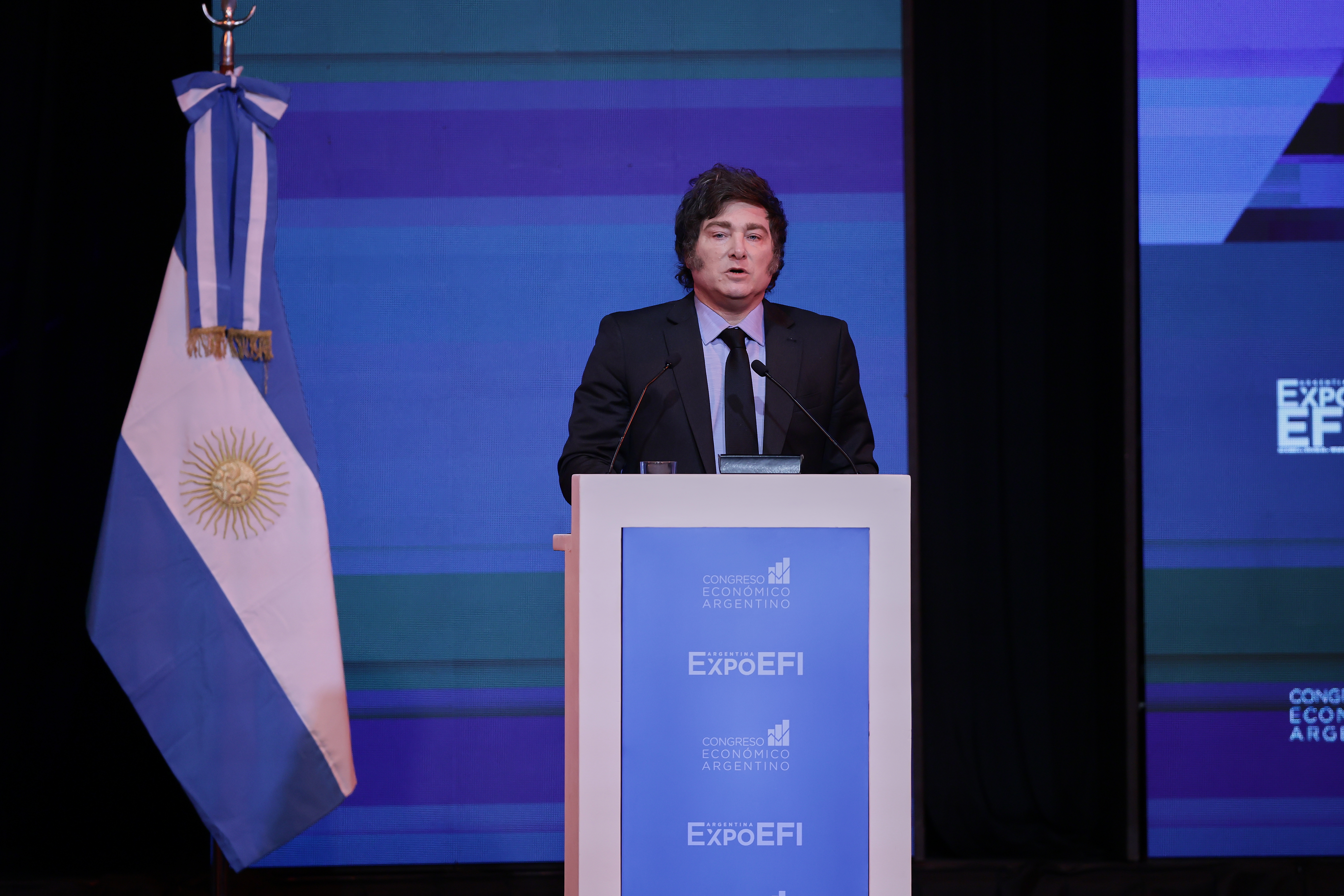 Argentine President delivers speech at the country’s key economic forum Buenos Aires, Argentina - April 30, 2025: Argentine President Javier Milei delivers a speech at t...