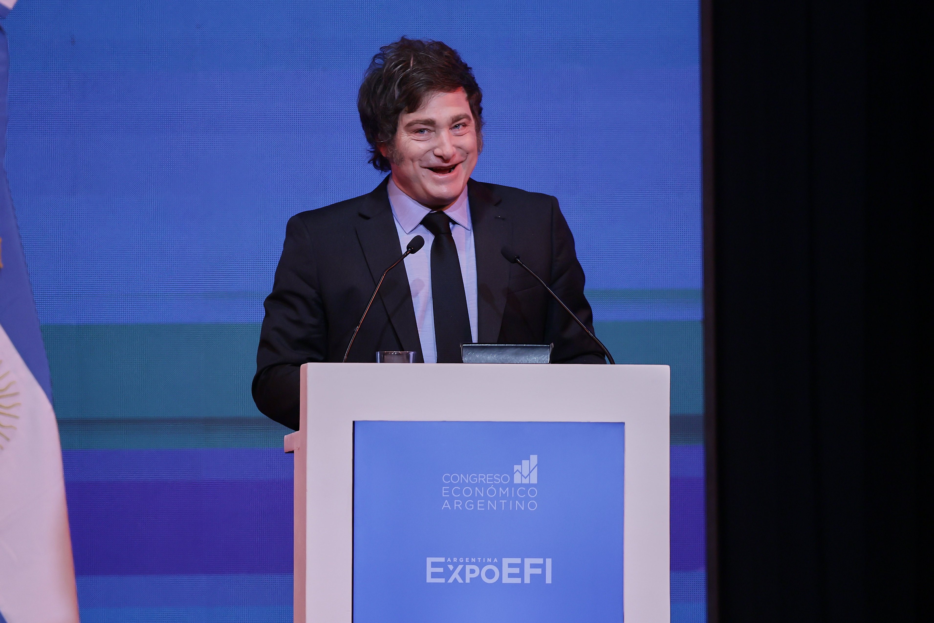Argentine President delivers speech at the country’s key economic forum Buenos Aires, Argentina - April 30, 2025: Argentine President Javier Milei delivers a speech at t...