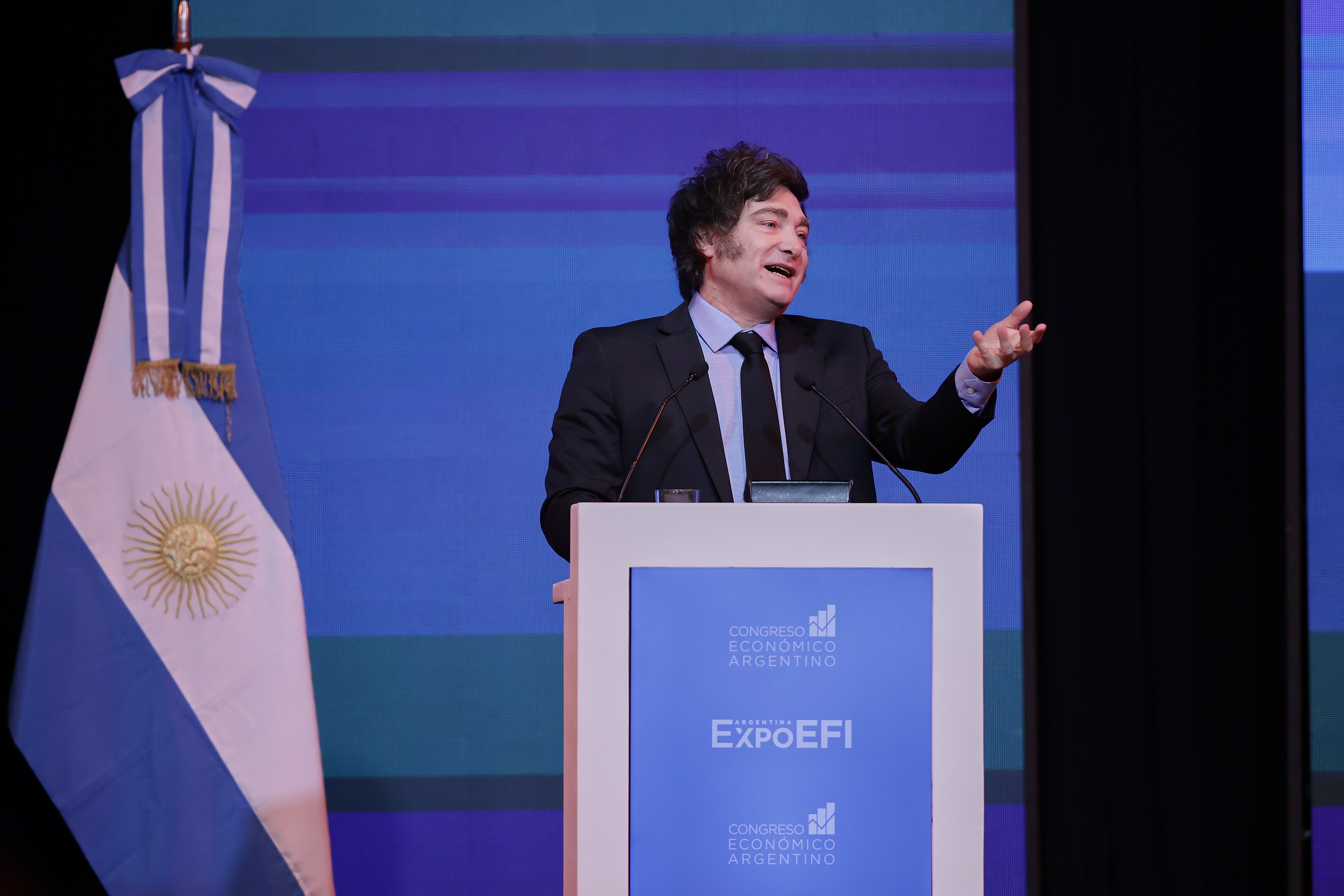 Argentine President delivers speech at the country’s key economic forum Buenos Aires, Argentina - April 30, 2025: Argentine President Javier Milei delivers a speech at t...