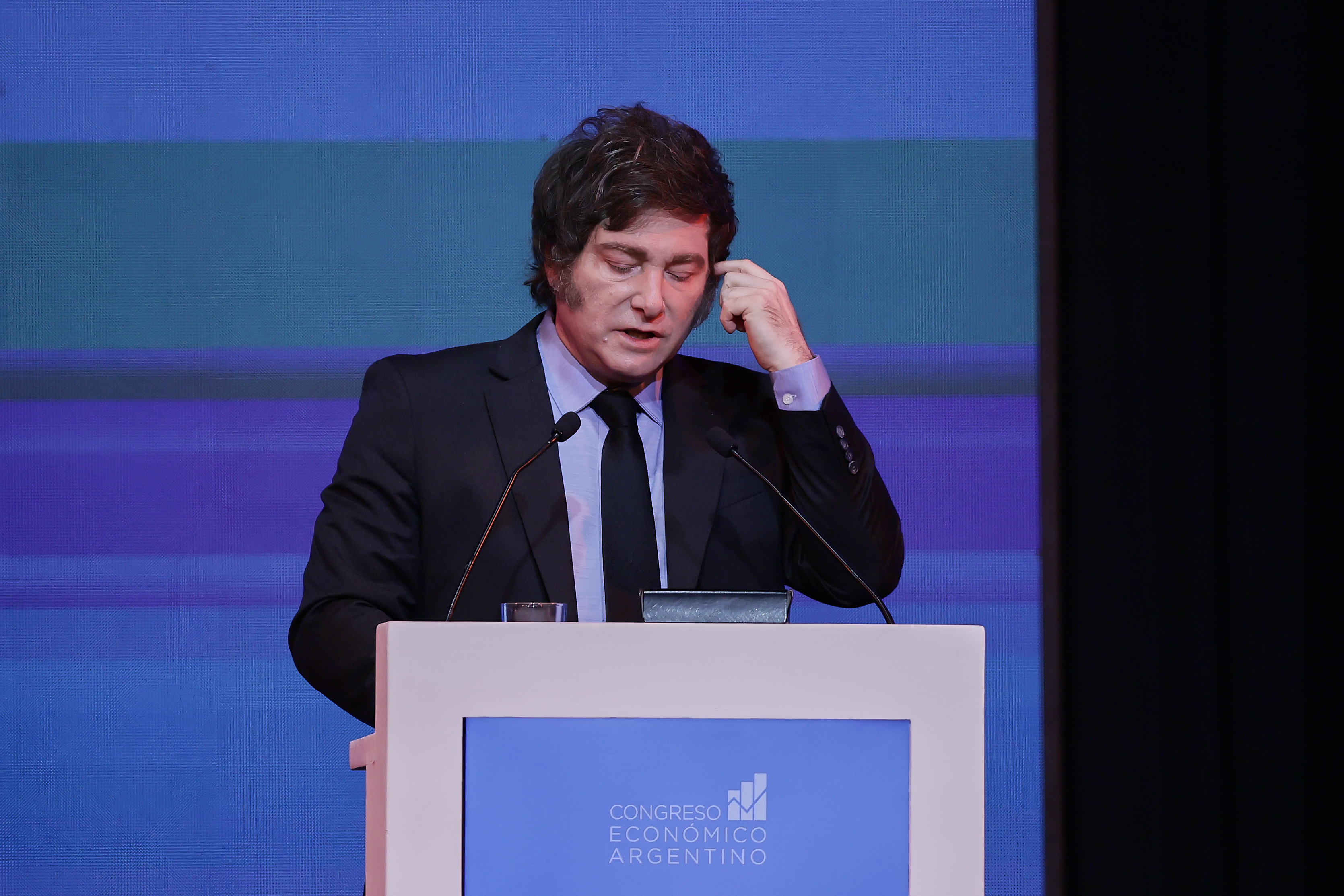 Argentine President delivers speech at the country’s key economic forum Buenos Aires, Argentina - April 30, 2025: Argentine President Javier Milei delivers a speech at t...