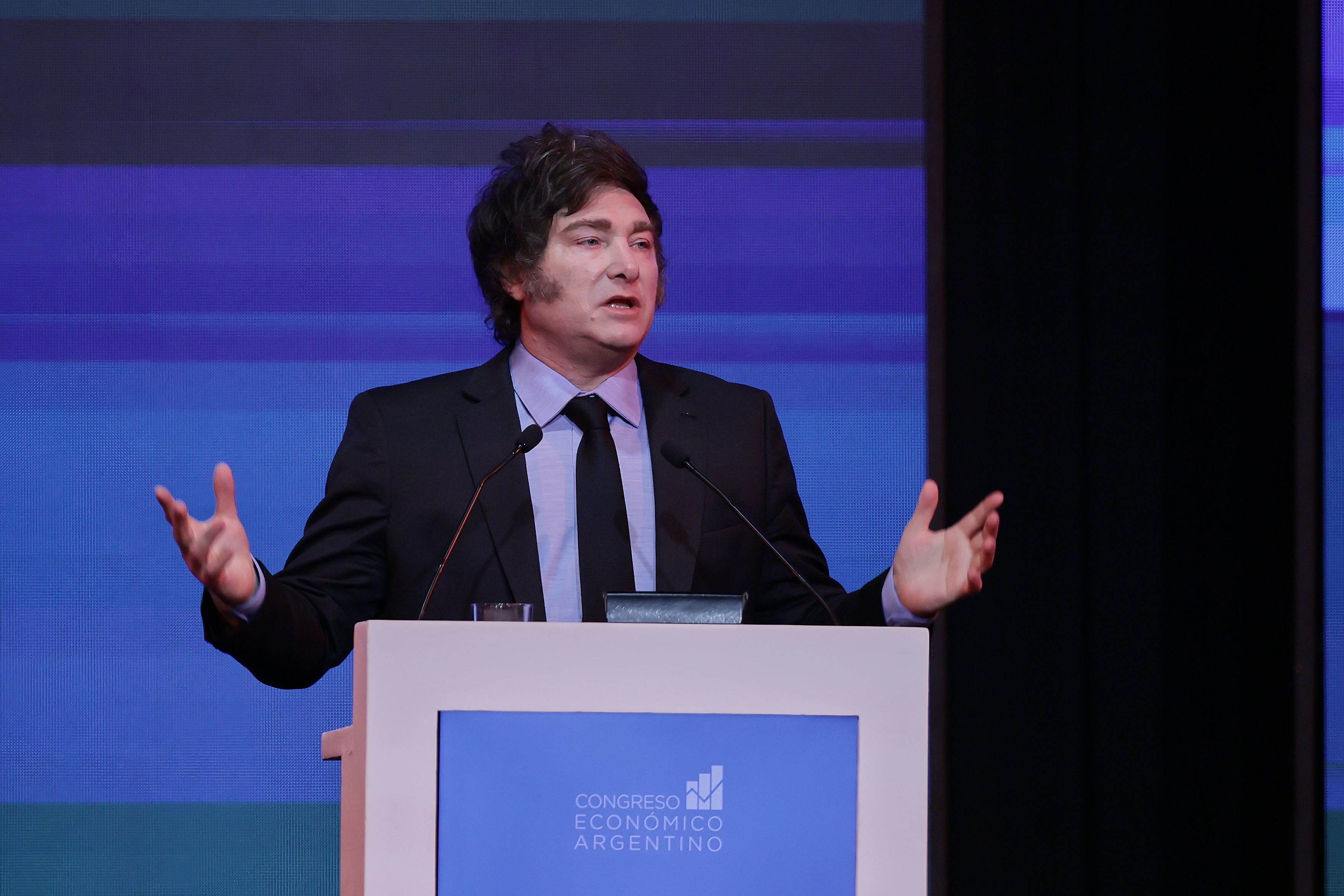 Argentine President delivers speech at the country’s key economic forum Buenos Aires, Argentina - April 30, 2025: Argentine President Javier Milei delivers a speech at t...