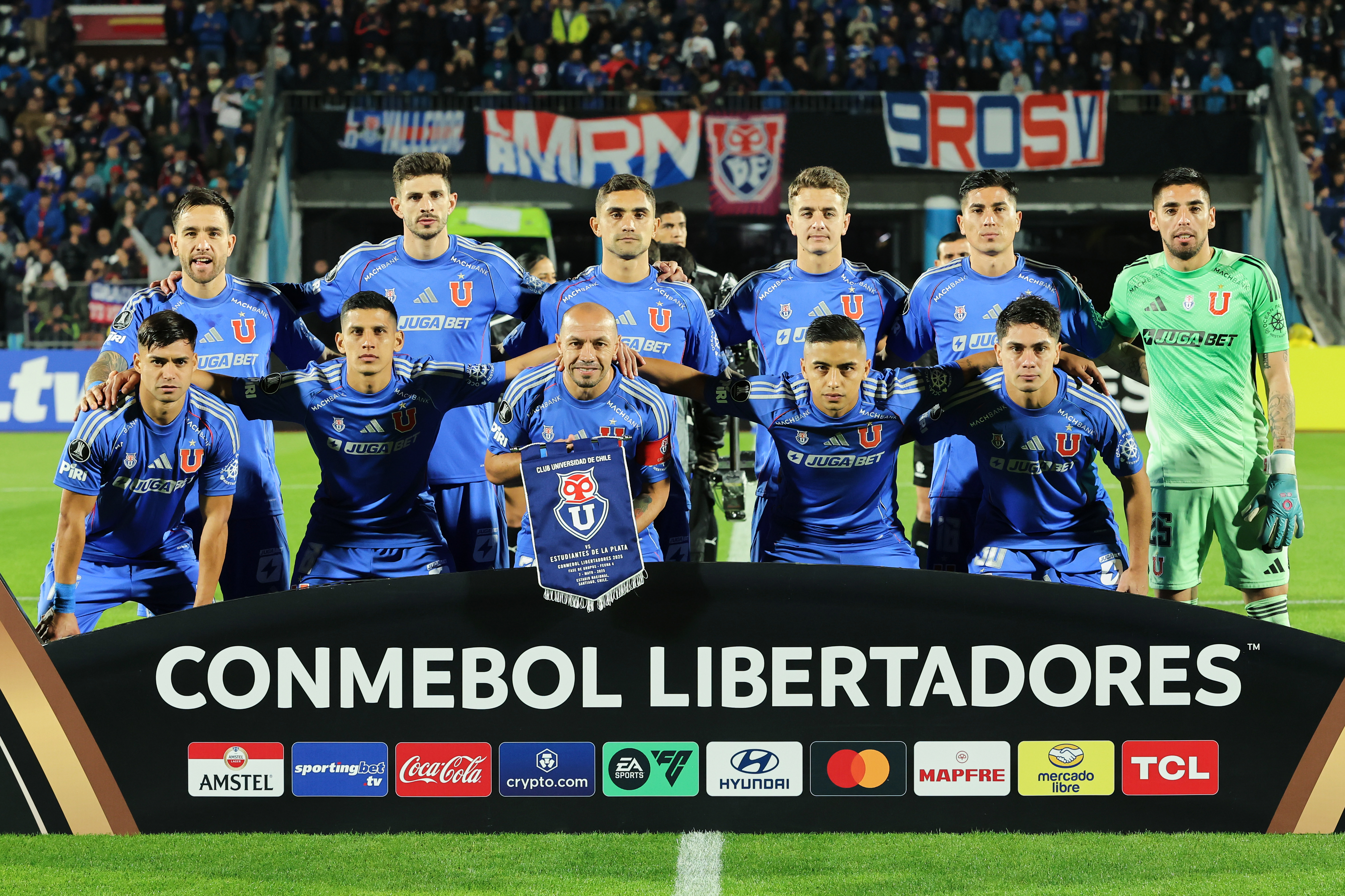 Santiago, Chile - May 3, 2025:  Initial formation of Chile’s Universidad de Chile faces Estudia...