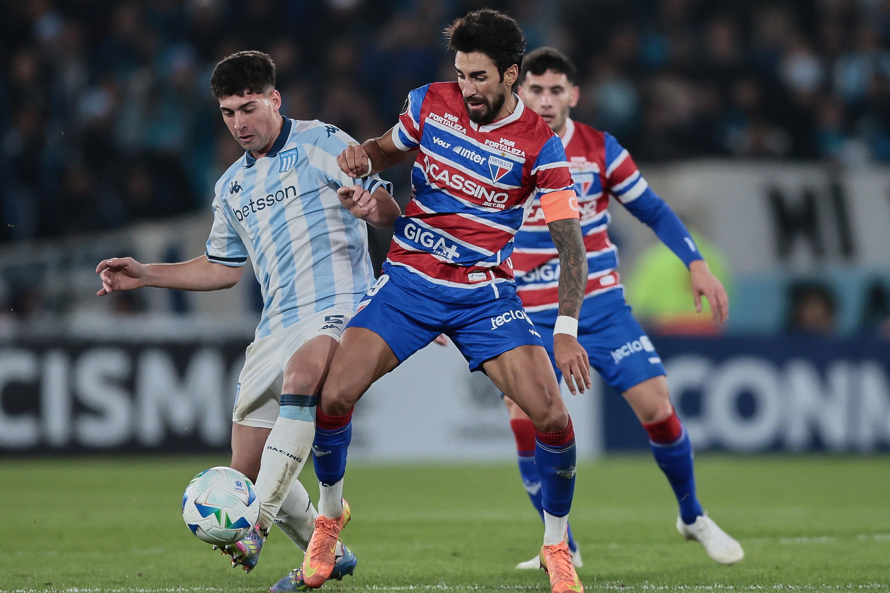 Avellaneda, Argentina - May 29, 2025: Juan Nardoni from Racing (L) faces Juan Lucero (R) from For...