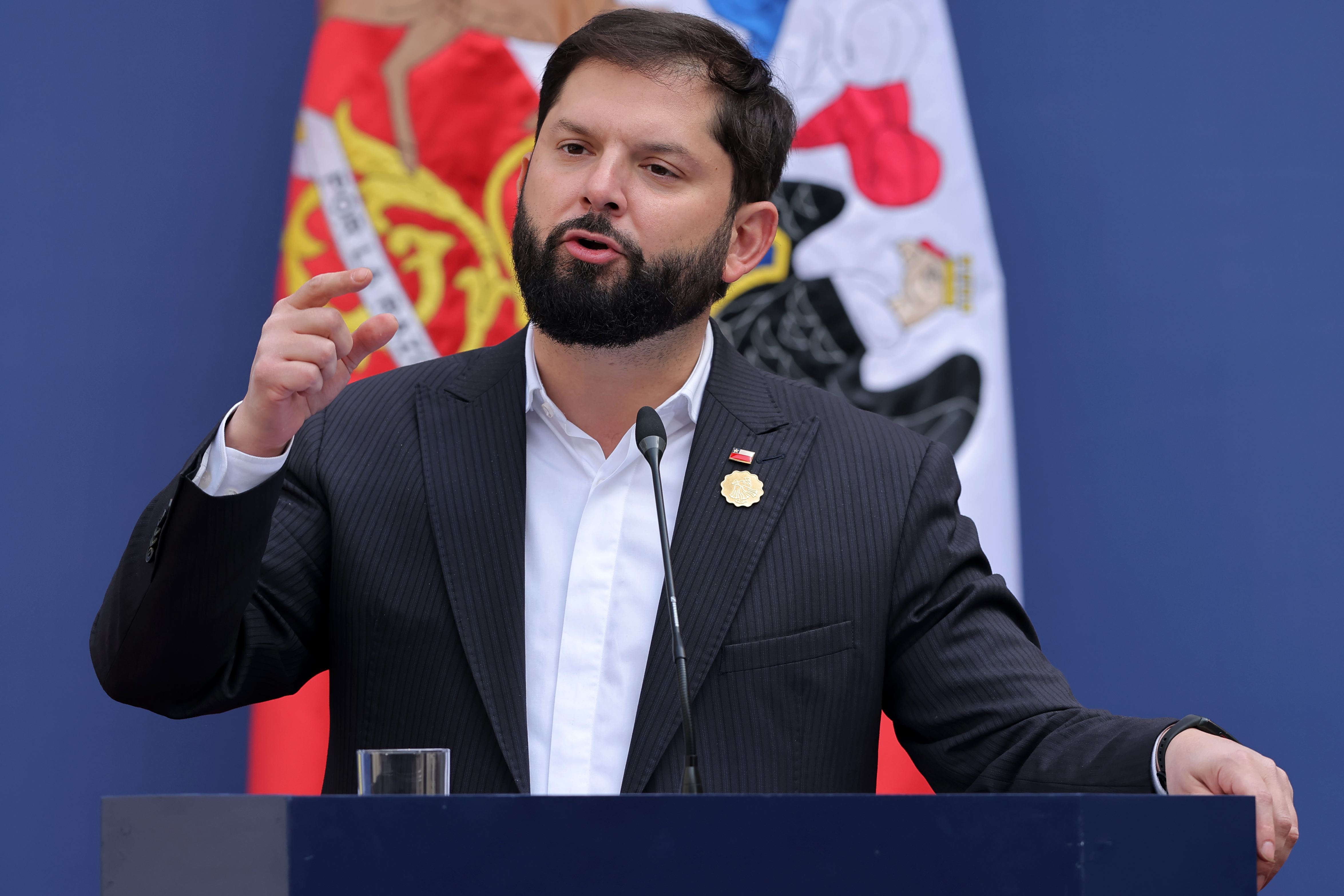 Latin American and European leaders meet for ‘Democracy Always’ high-level event Santiago, Chile – July 21, 2025: Gabriel Boric, President of Chile speech at a summit. Particip...