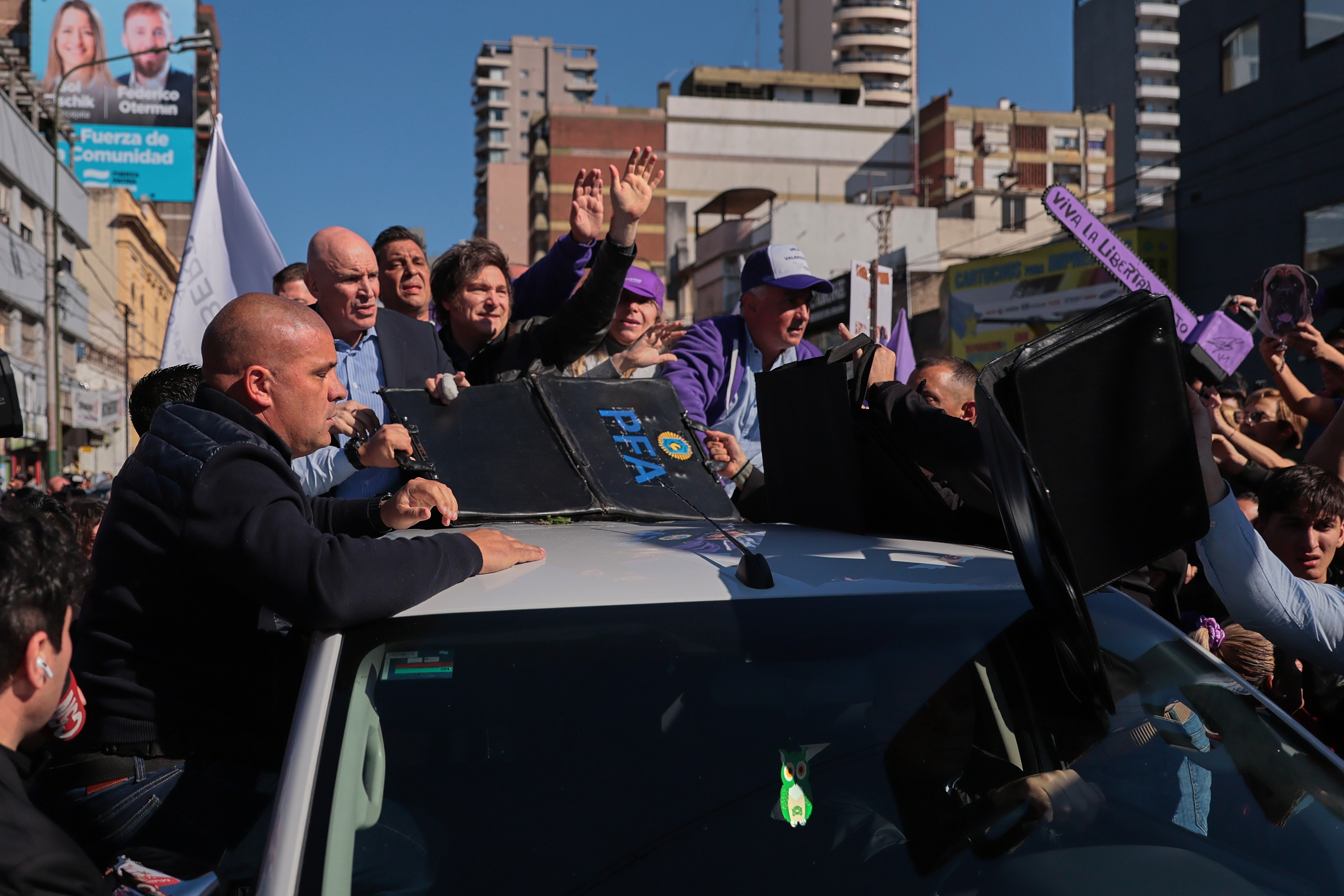 Lomas de Zamora, Argentina – August 27, 2025: Protesters attack Argentine President Javier Mile...