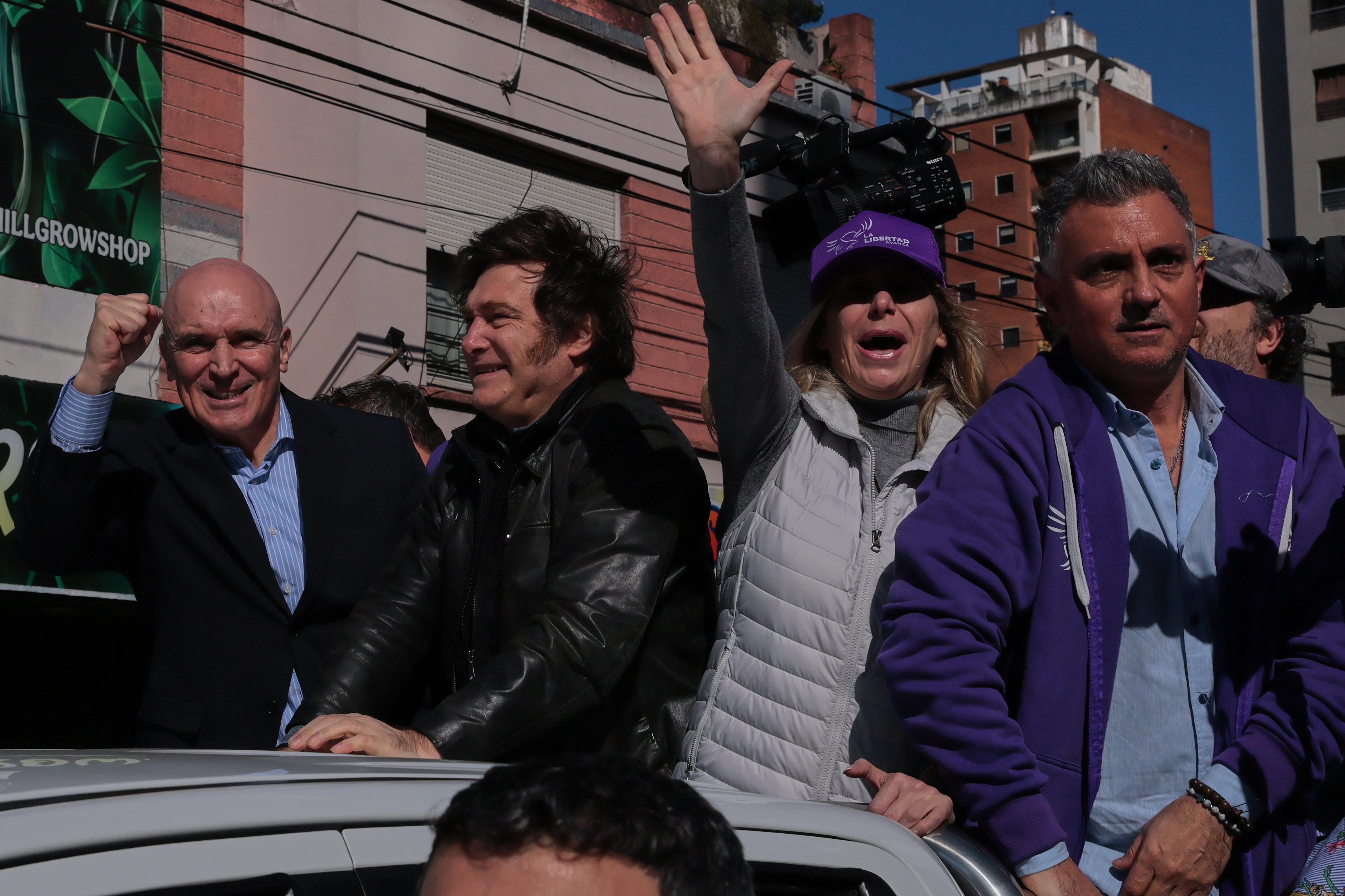 Lomas de Zamora, Argentina – August 27, 2025: Jose Luis Espert (L), Javier Milei, Karina Milei ...