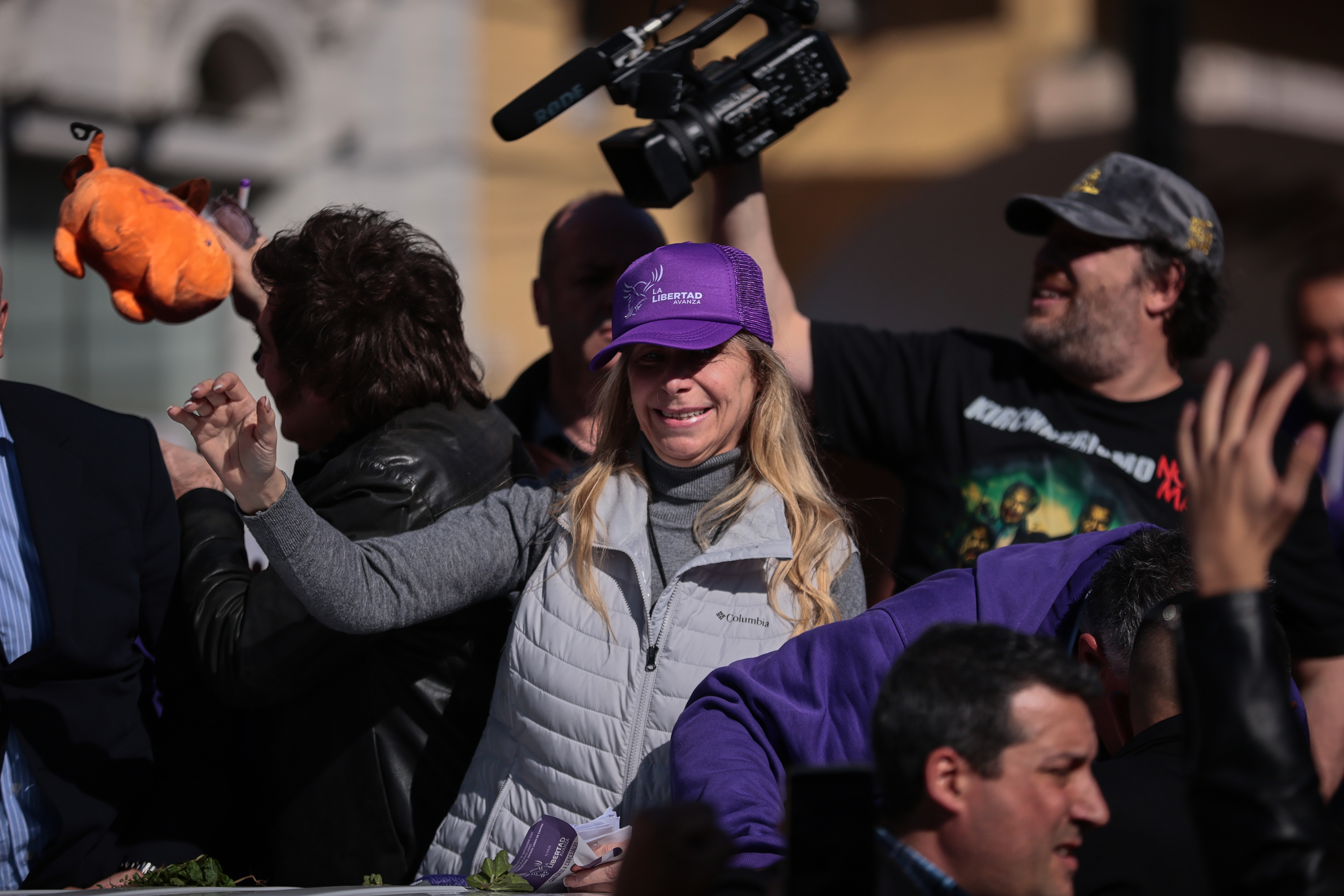 Protesters throw stones and bottles at presidential vehicle during campaign rally Lomas de Zamora, Argentina – August 27, 2025: Karina Milei, the president's sister, is embroile...