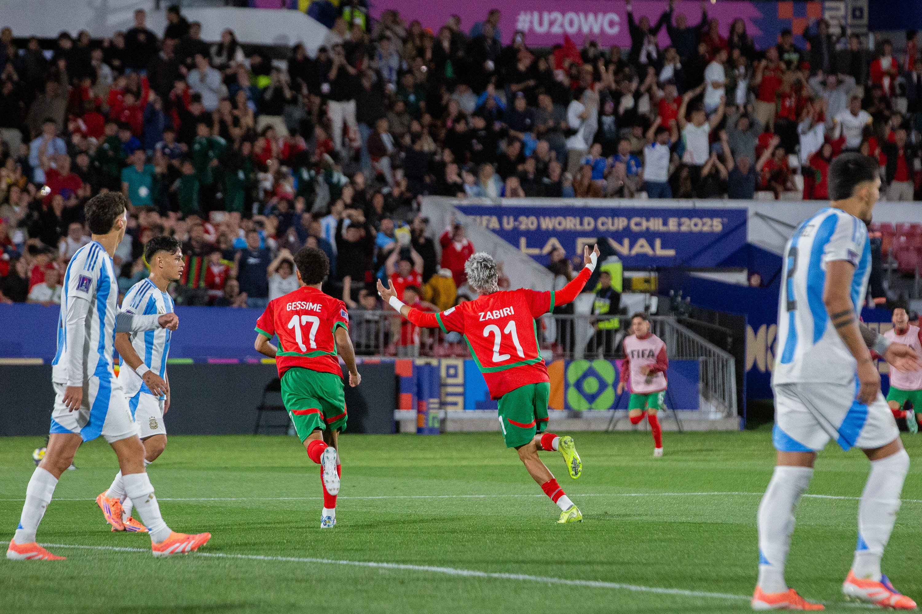 Argentina vs Morocco in U-20 World Cup Final Santiago de Chile, Chile – October 19, 2025: Yassir Zabiri celebrates his goal. The Argentina U...