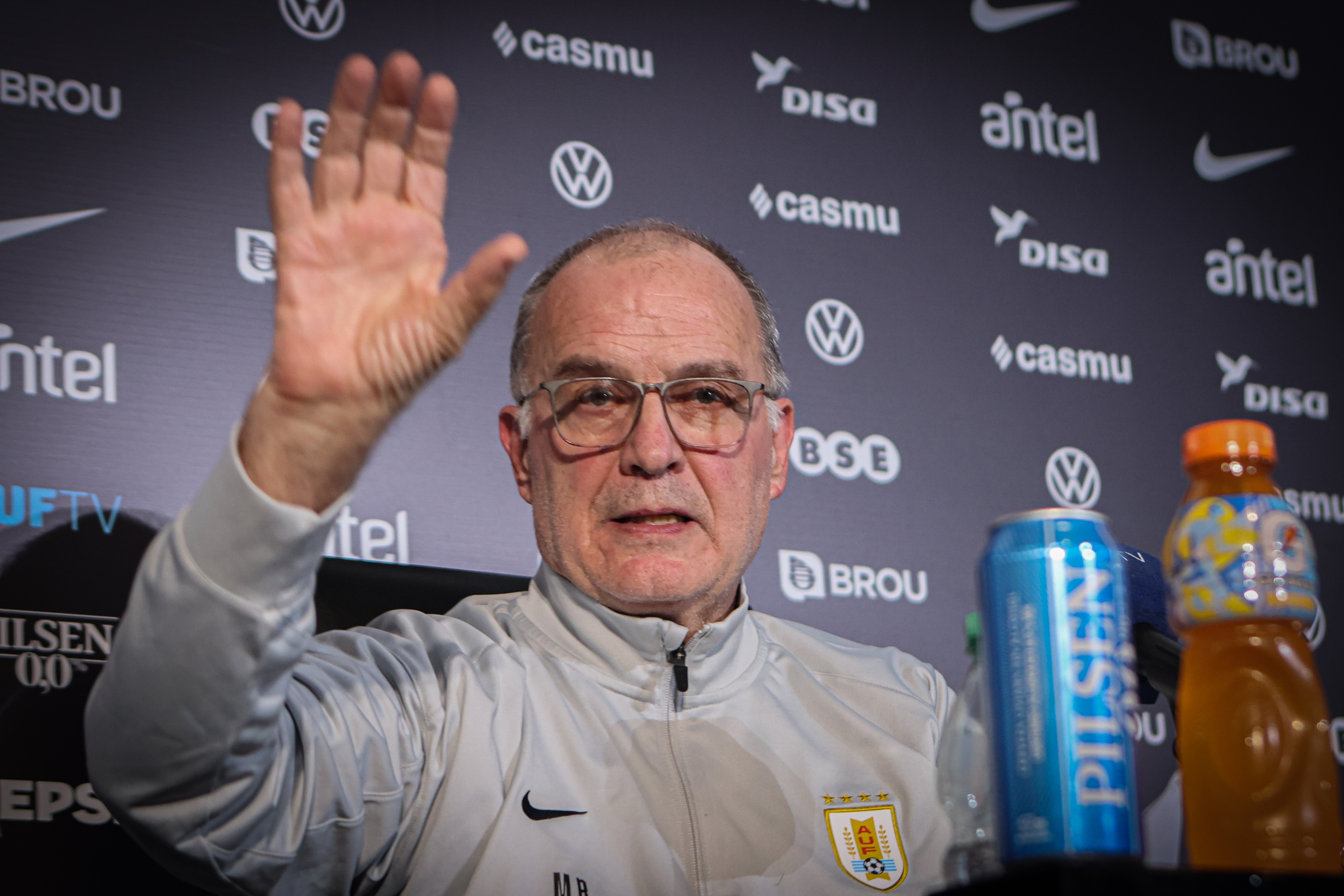 Montevideo, Uruguay – November 20, 2025: Uruguay national team coach, Marcelo Bielsa, holds a p...