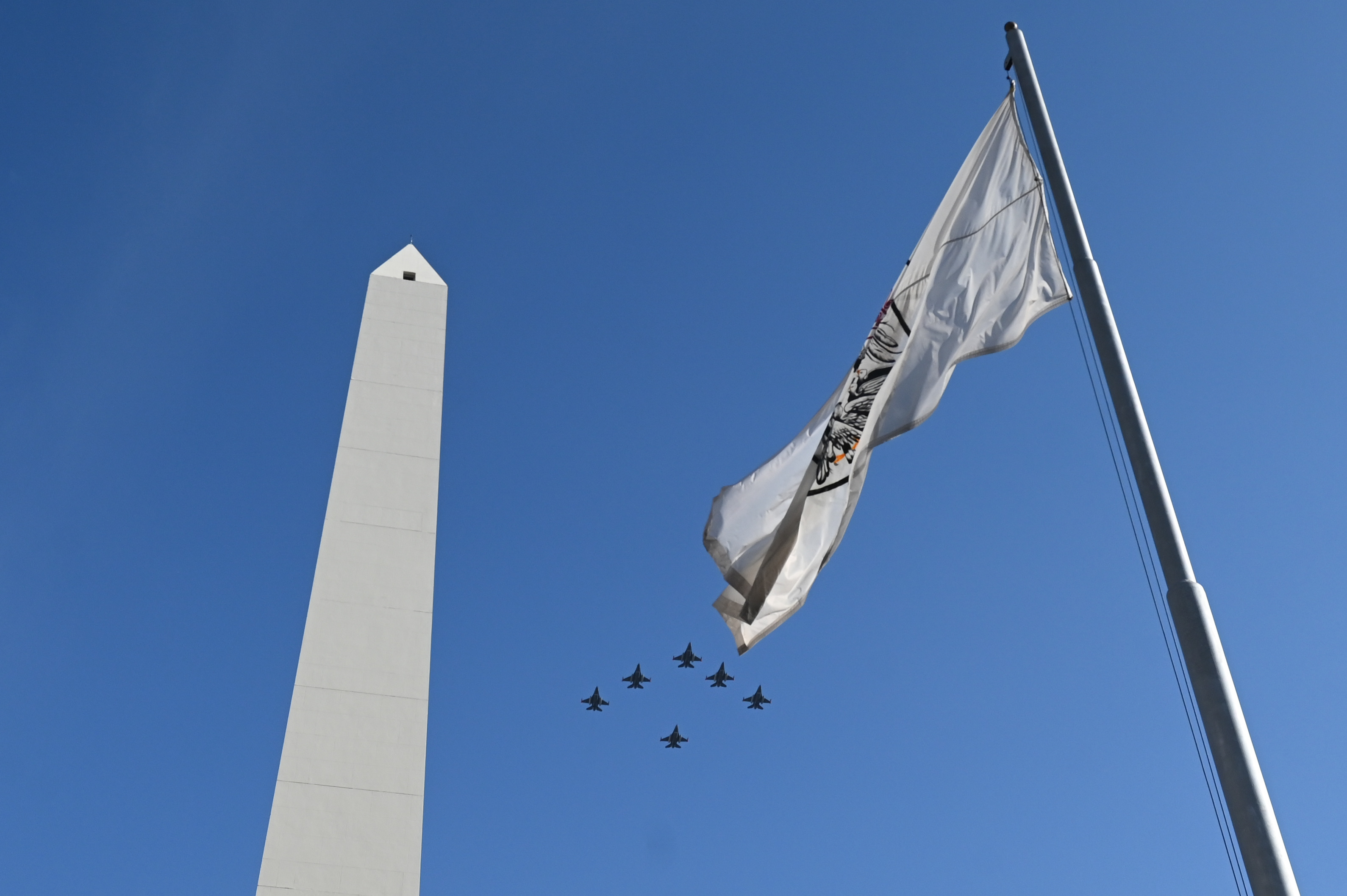 Buenos Aires, Argentina – December 6, 2025: Six Argentine Air Force F-16 fighter jets performed...