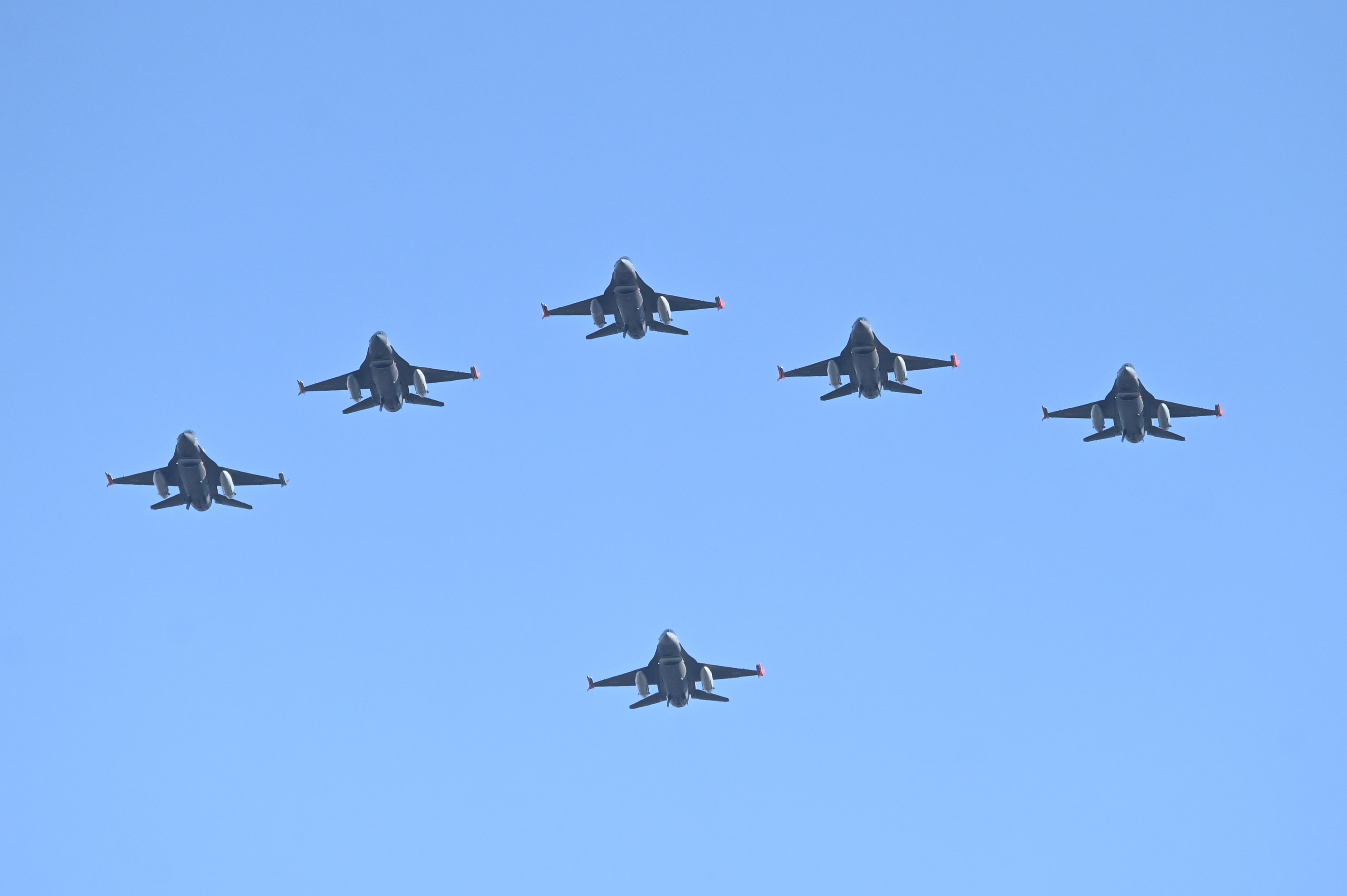 Buenos Aires, Argentina – December 6, 2025: Six Argentine Air Force F-16 fighter jets performed...