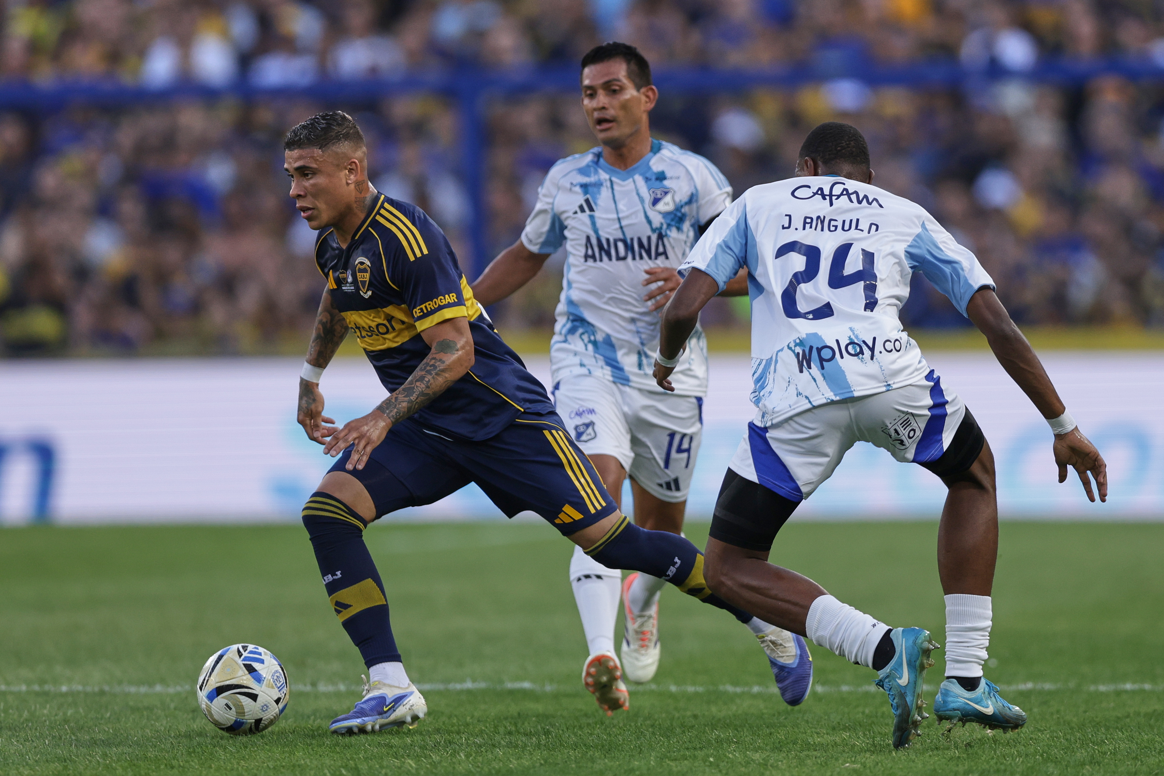 Buenos Aires, Argentina – January 14, 2026: Ayrton Costa from Boca Juniors controls a ball in a...